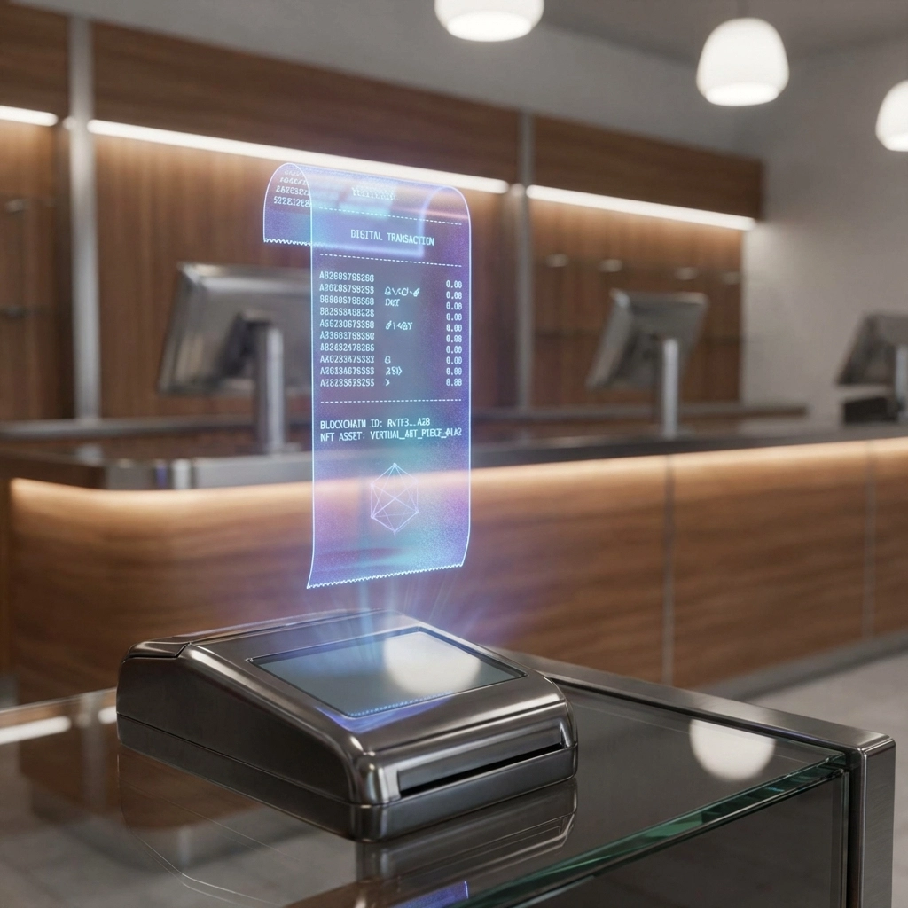 Holographic NFT receipt above modern POS terminal, showcasing Larecoin's blockchain accounting and transparent Web3 payments.