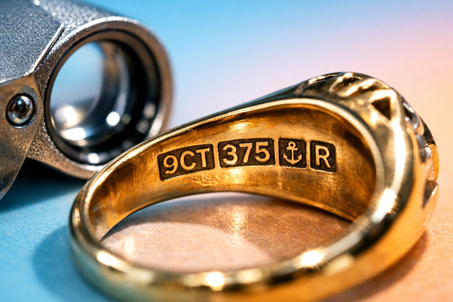 Macro view of a hallmark stamp on an estate gold ring being inspected by a jeweler's loupe.