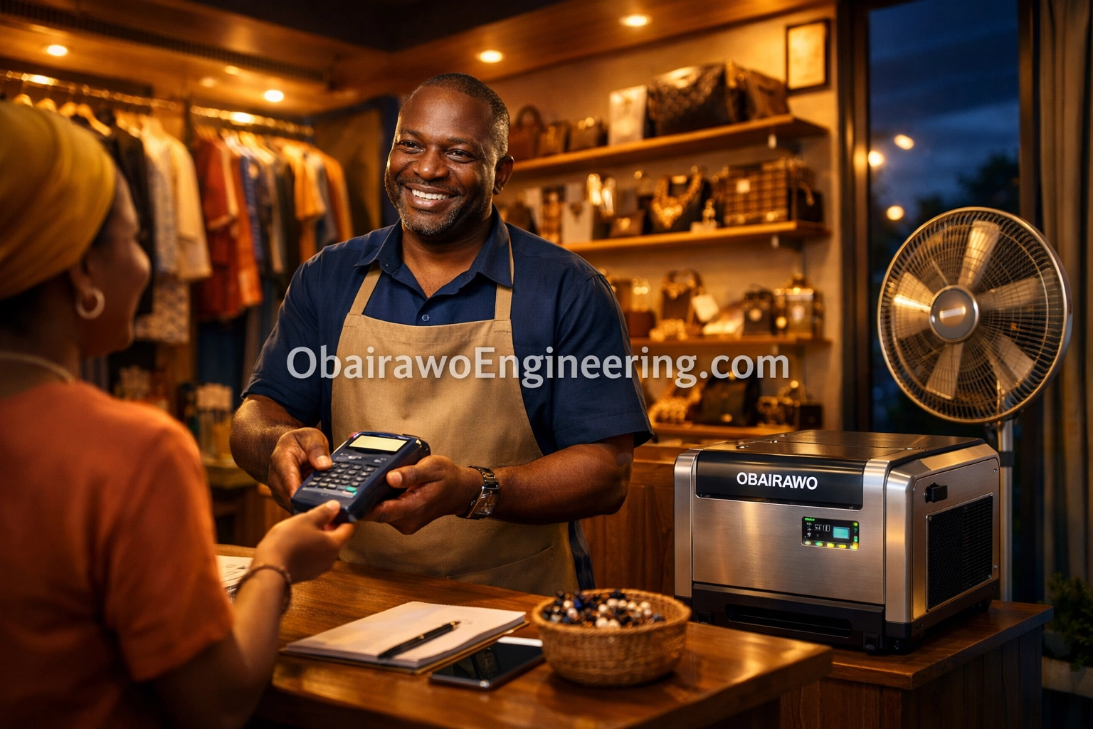 Successful entrepreneur powering a retail shop with an Obairawo fuelless generator for reliable business power.