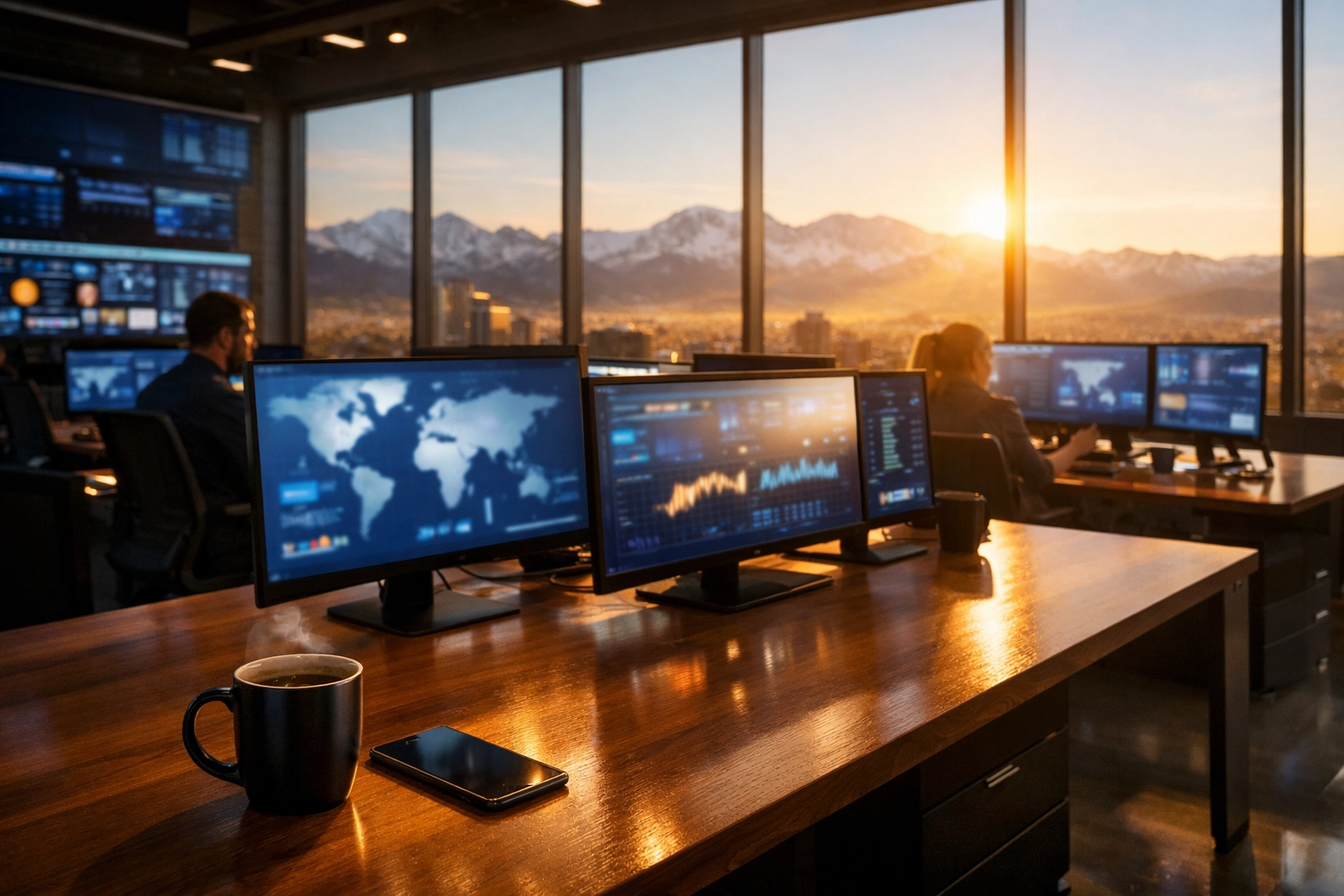 Modern Dakdan Worldwide media operations center in Colorado during the 9 AM autopilot strategic launch.