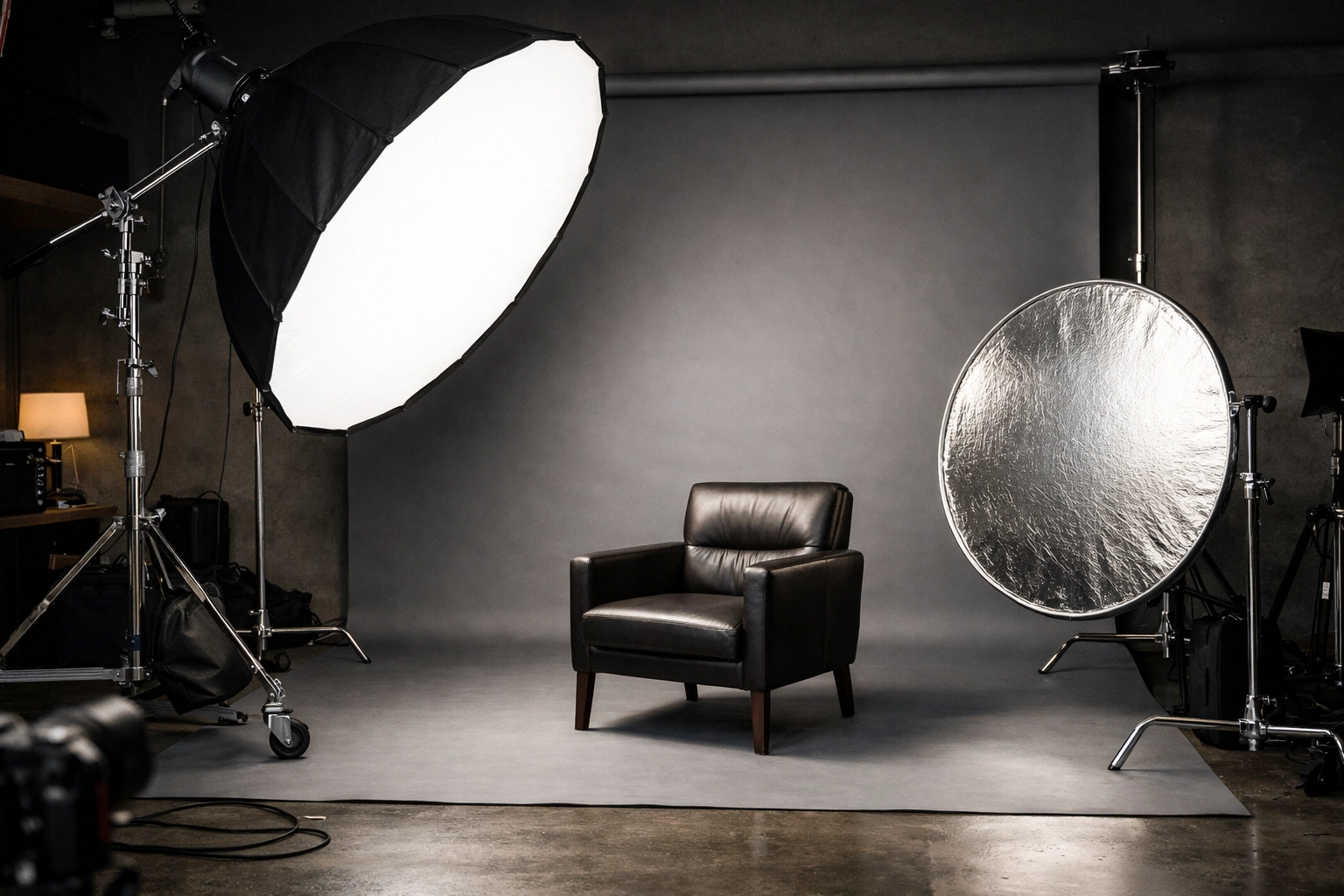 Professional corporate headshot tips: studio gear setup for executive portrait lighting with an octabox and reflector.
