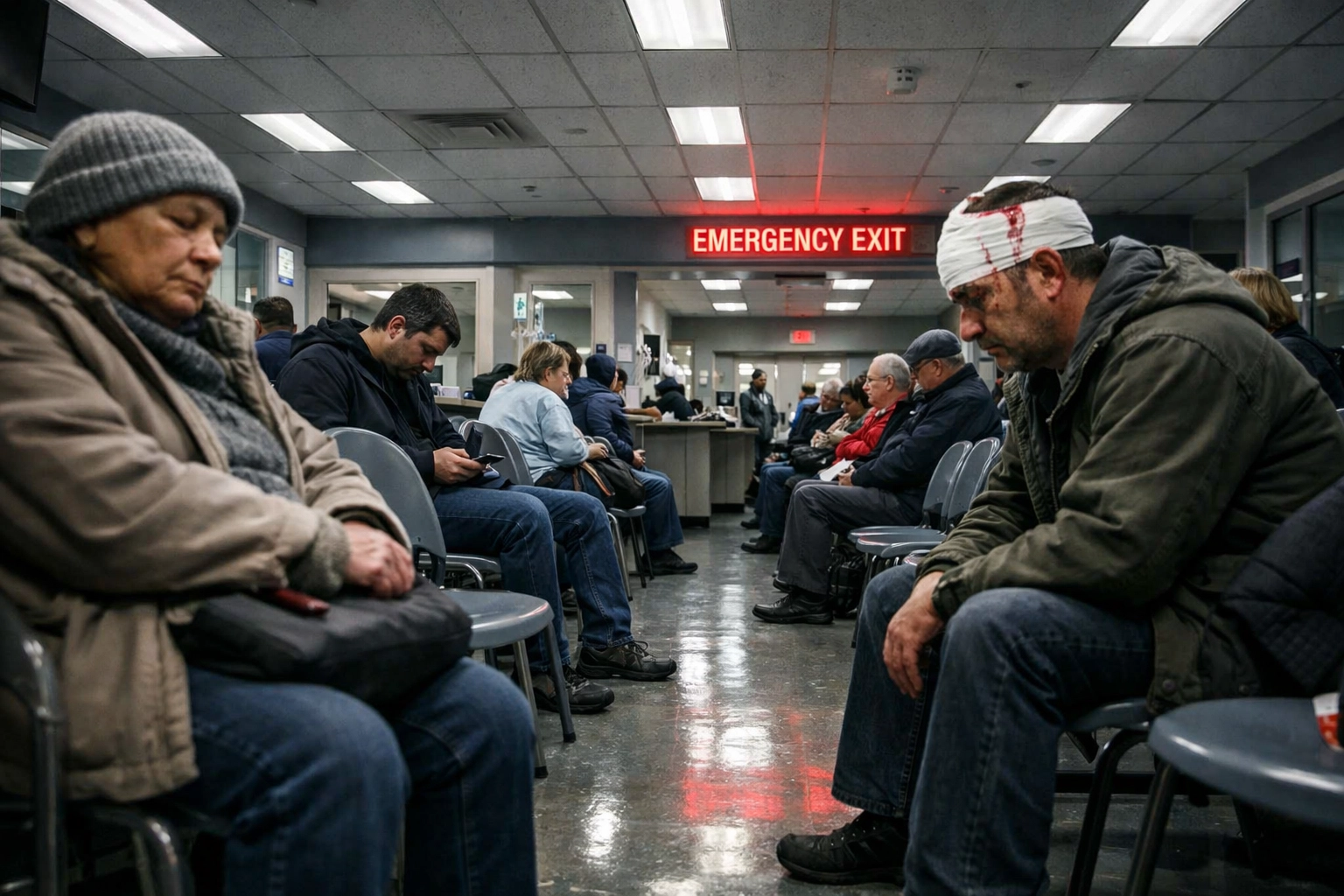 Crowded hospital emergency waiting room illustrating the crisis of hallway medicine in Alberta healthcare.
