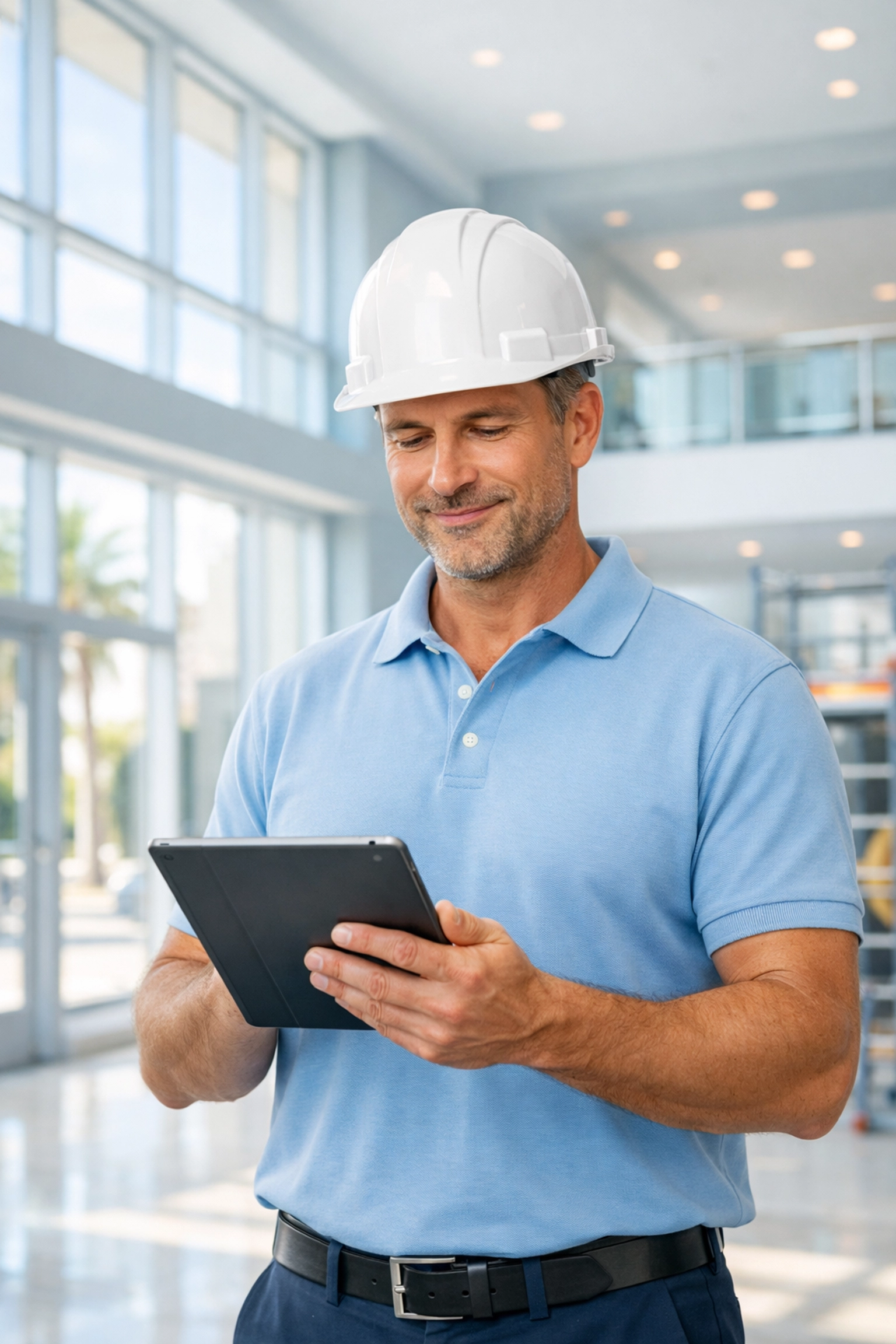 Professional general contractor in South Florida reviewing digital plans in a modern commercial setting.