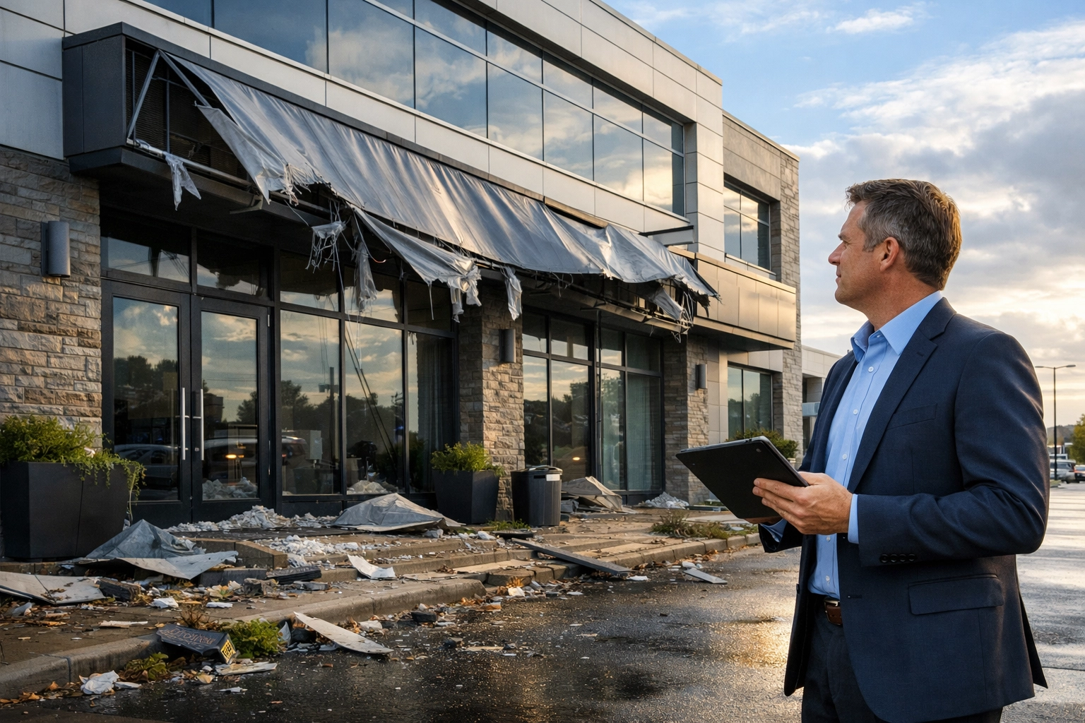 A business owner assesses commercial property damage after a storm to begin the disaster recovery process.