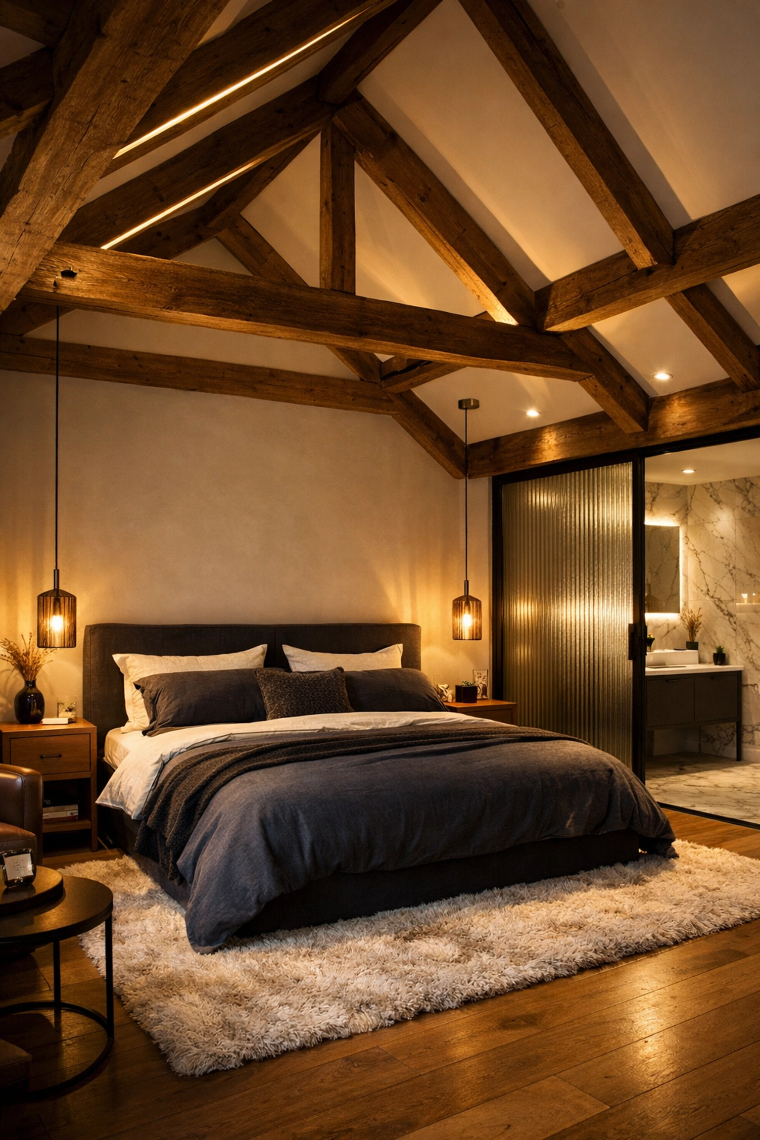 Modern guest suite garage conversion with a king-sized bed, vaulted ceilings, and ensuite bathroom access.