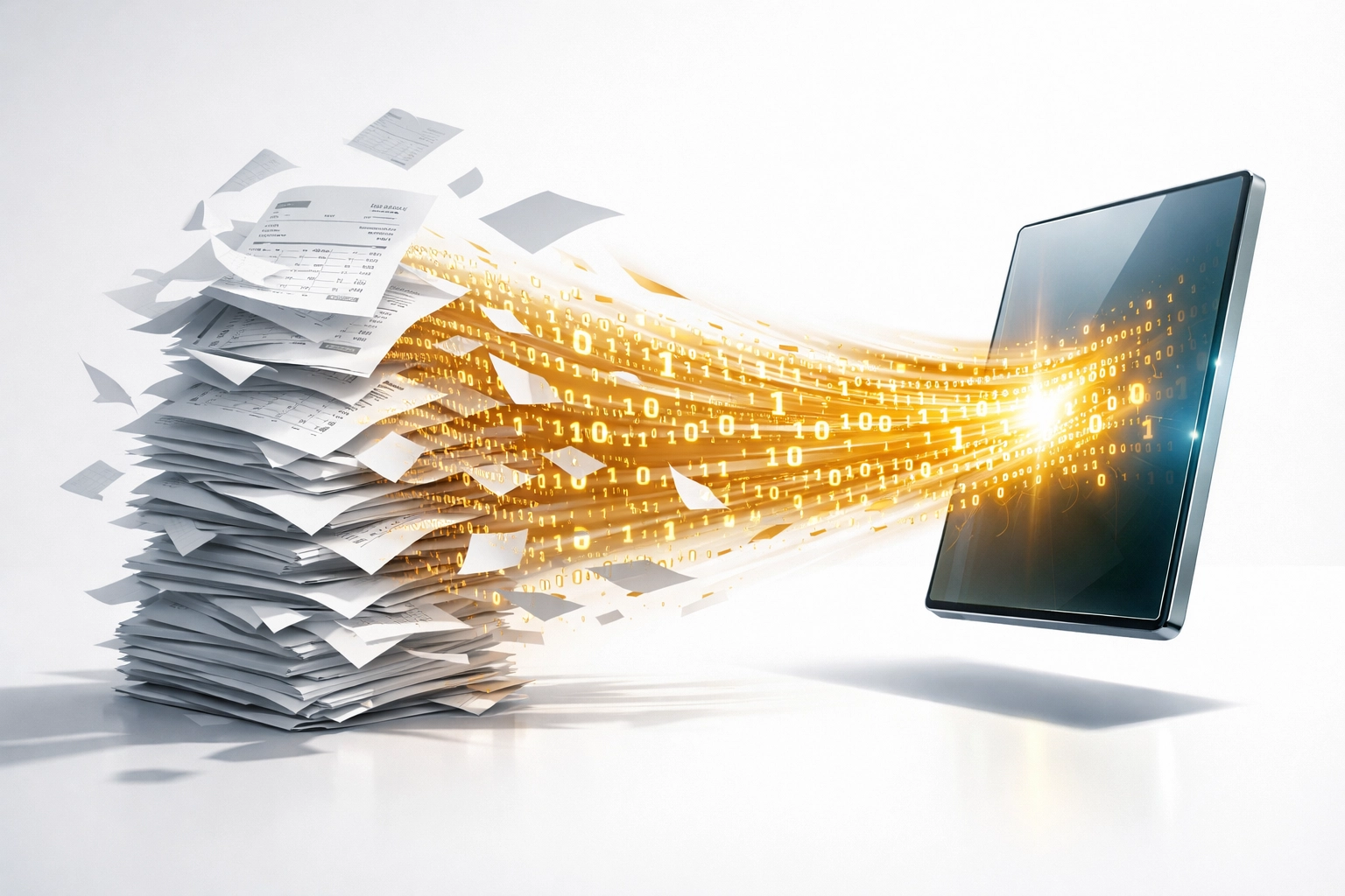 Paper documents transforming into digital code for automated business process data entry.