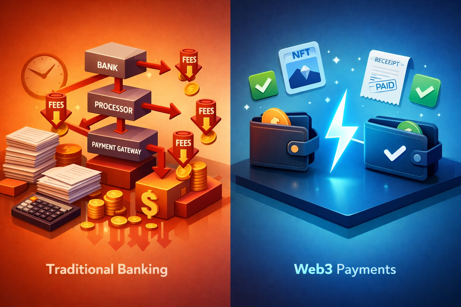 Traditional banking fees versus Web3 self-custody payment system comparison with NFT receipts