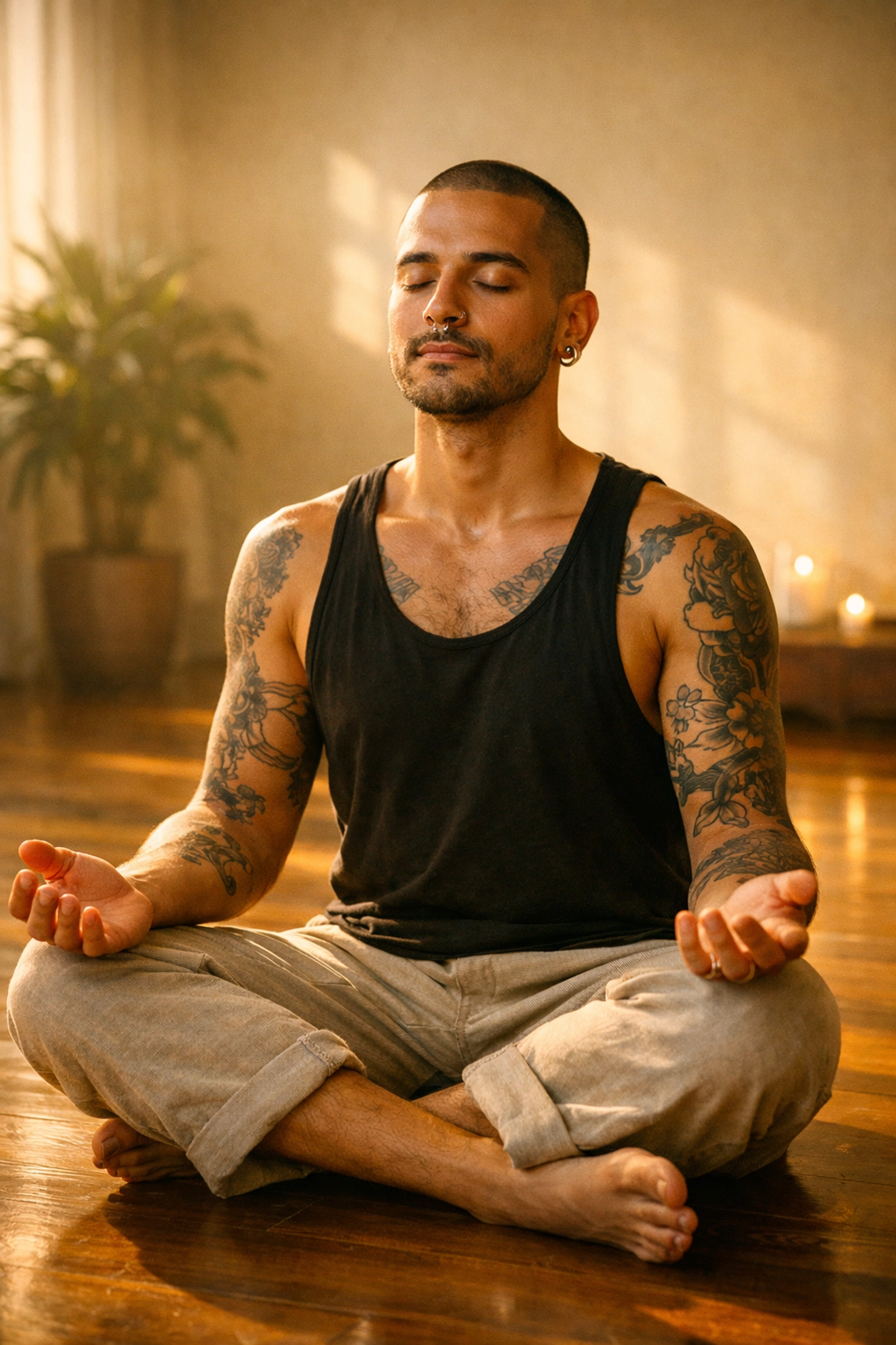 A tattooed queer man practicing somatic breathwork in a sunlit room for body reconnection and queer healing.
