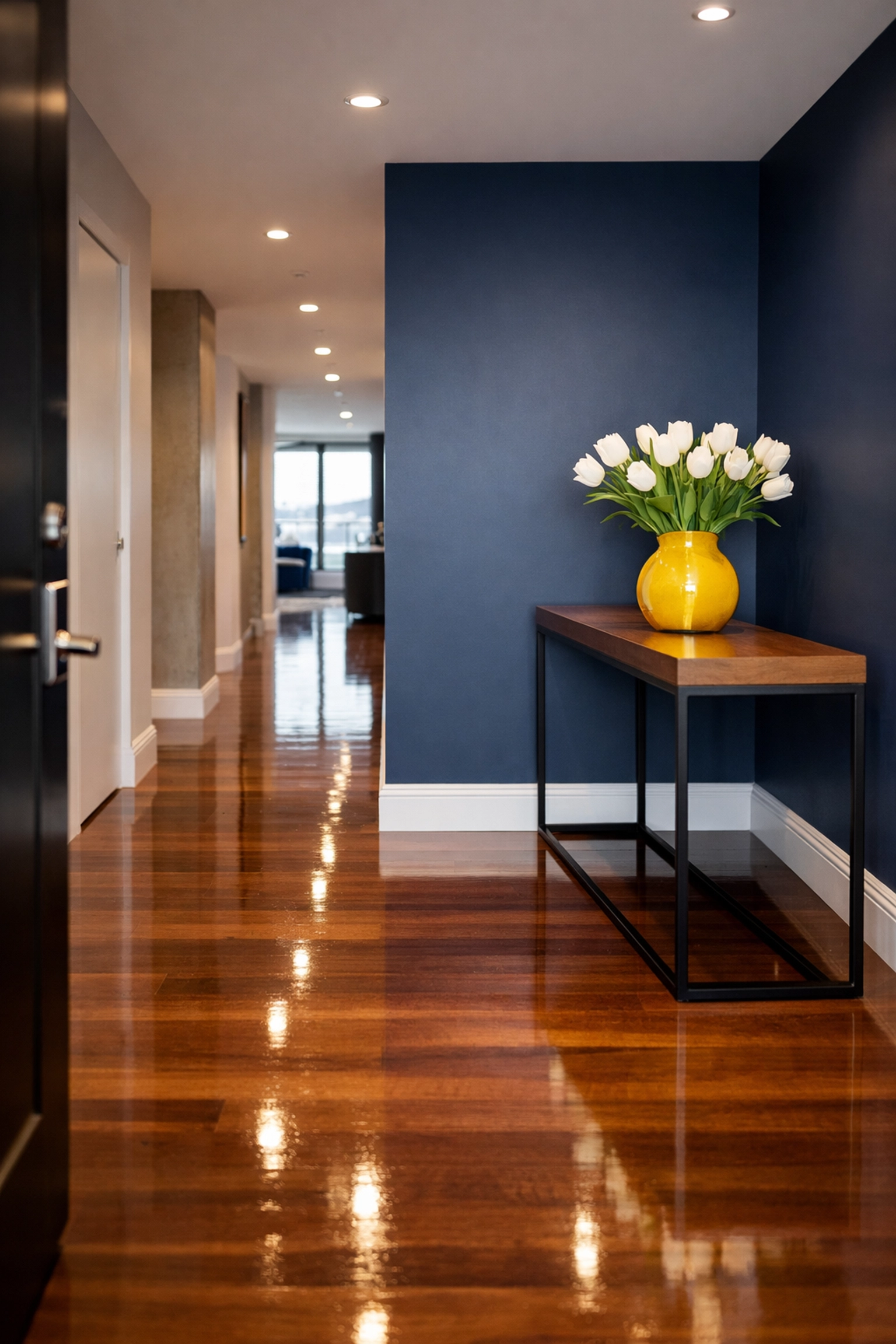 Spotless entryway in a Seaport loft illustrating the guest path strategy for Apartment Cleaning Massachusetts.