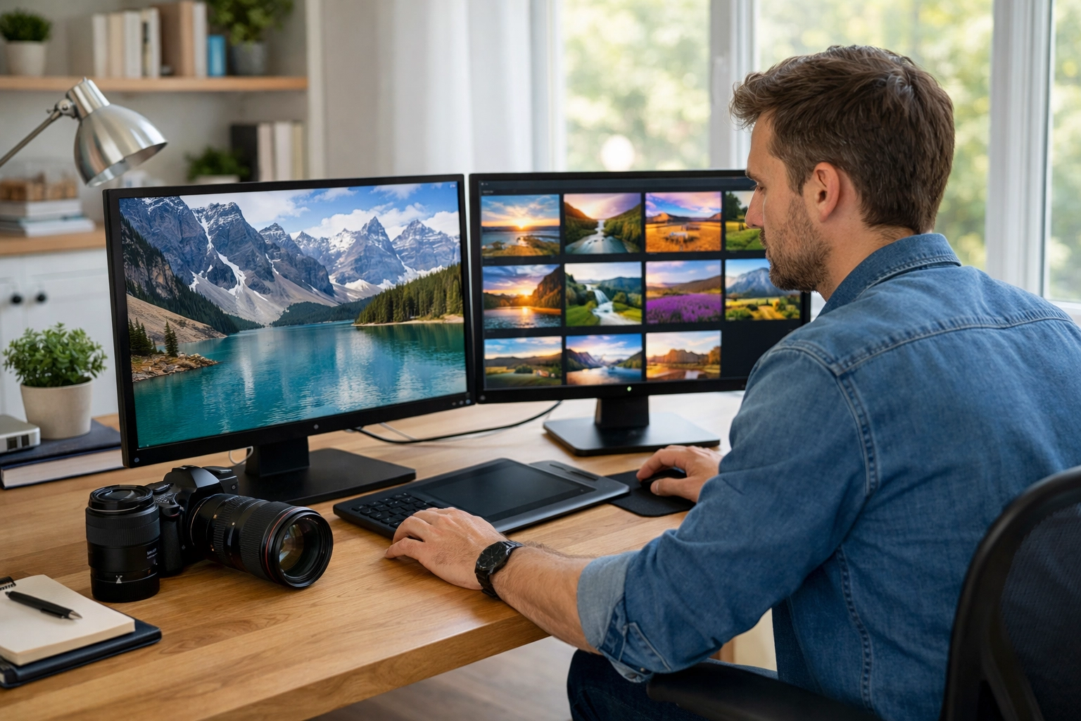 Professional photographer reviewing high-quality landscape portfolio shots in a modern home office.