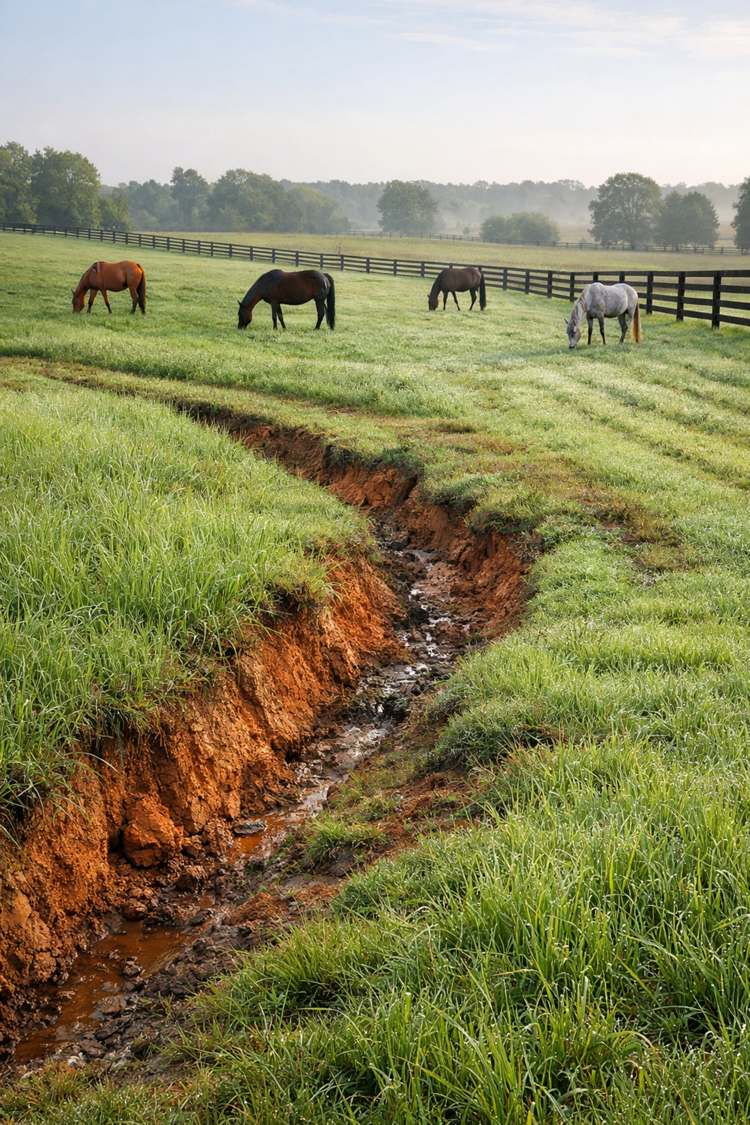 Well-maintained horse pasture in Union County NC showing healthy grazing and board fencing