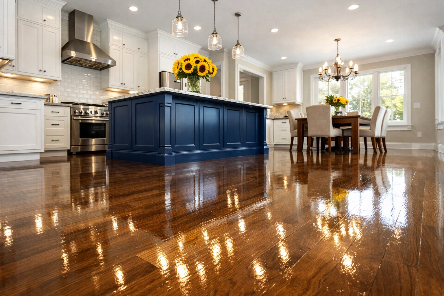 Gleaming hardwood floors in a sunlit MetroWest kitchen after thorough professional deep cleaning.