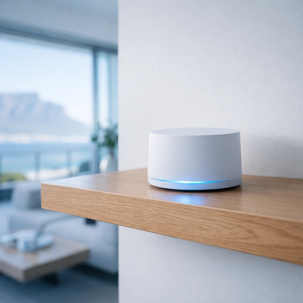 Modern mesh WiFi router ensuring stable network connectivity for high-resolution home security cameras.