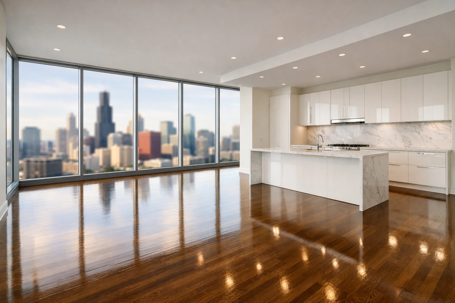 Pristine vacant Chicago apartment with polished hardwood floors ready for new tenants.
