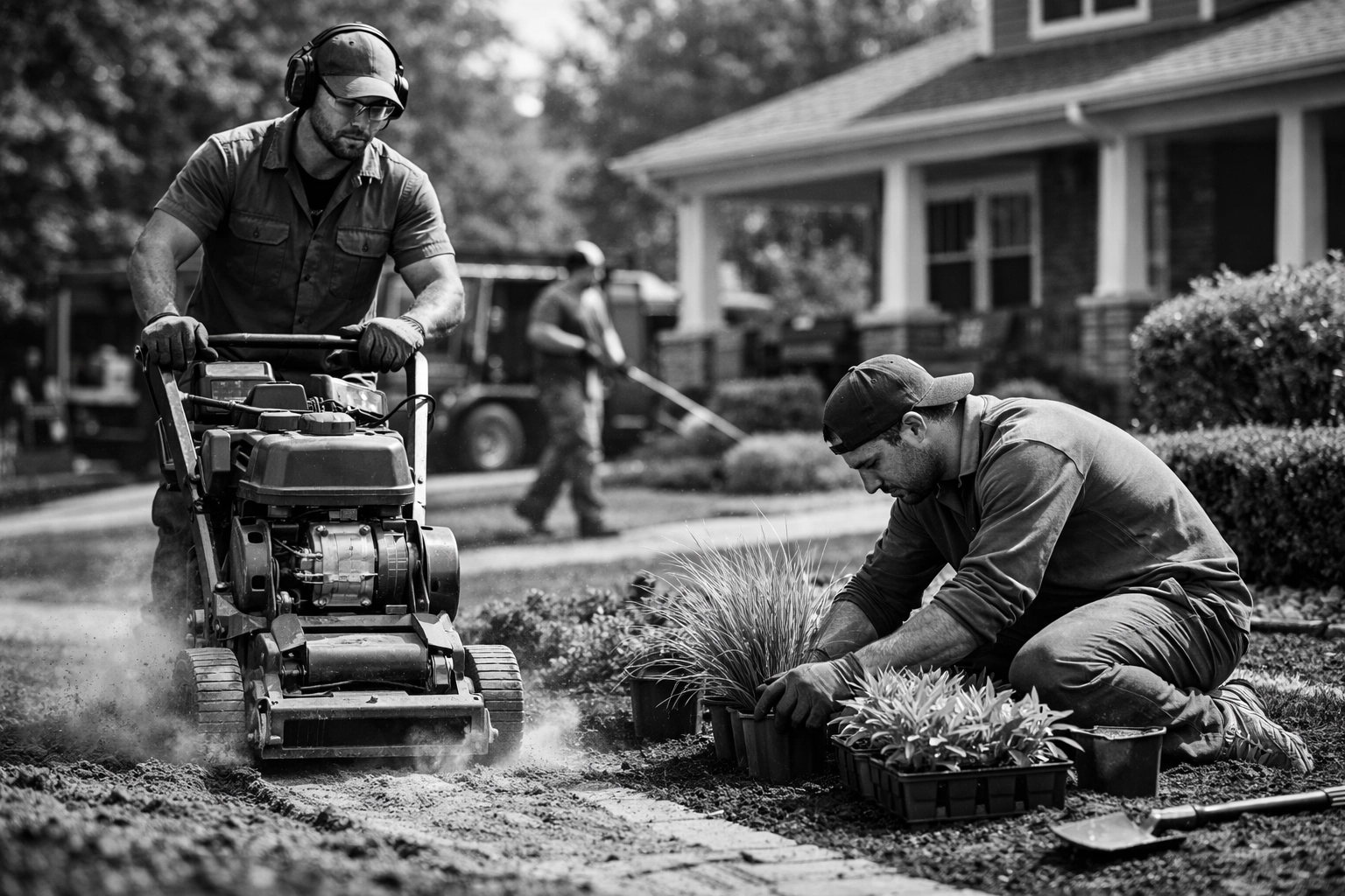 Professional landscaping crew working on residential property maintenance