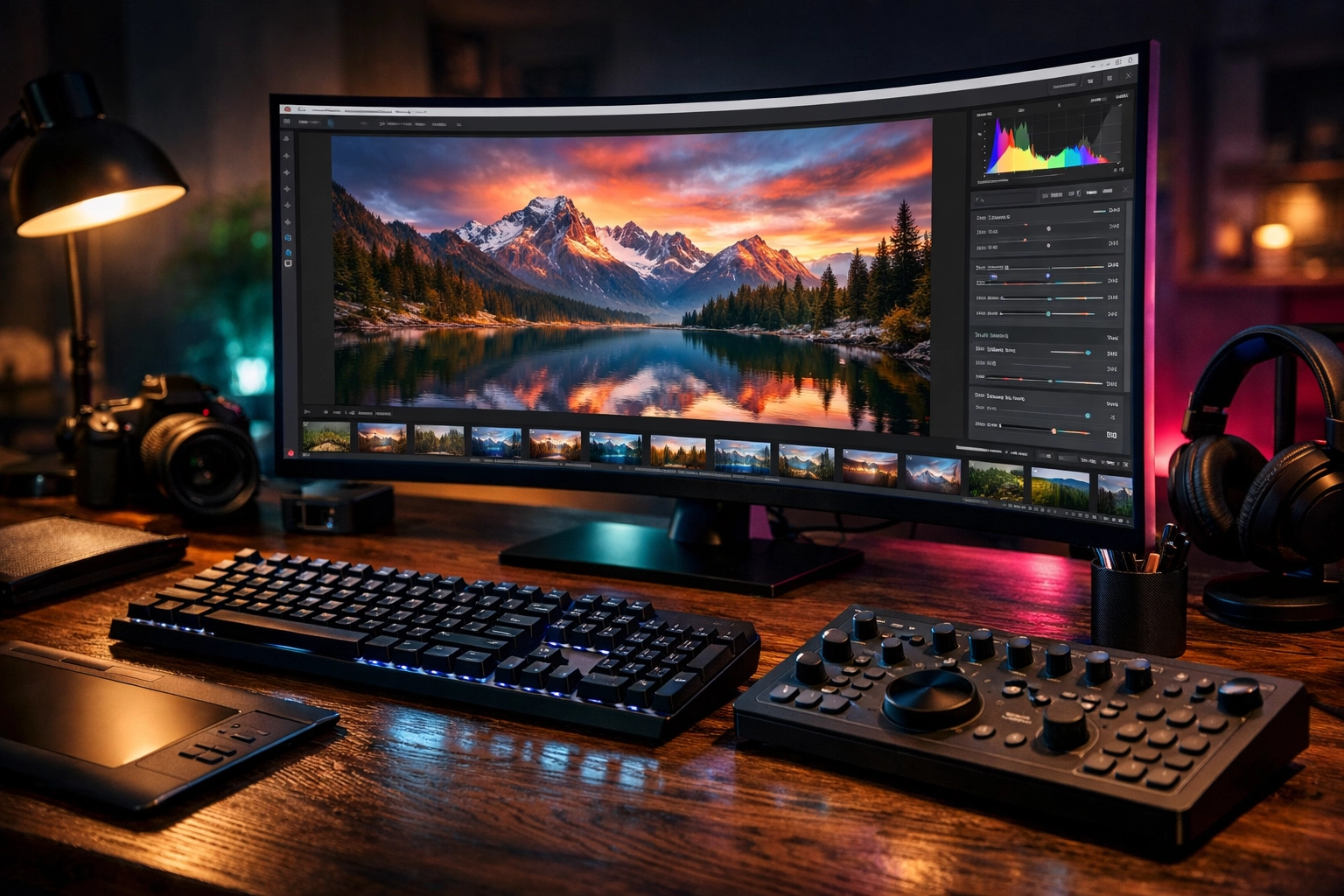 Professional photo editing workspace showing landscape retouching as part of advanced photography tutorials.