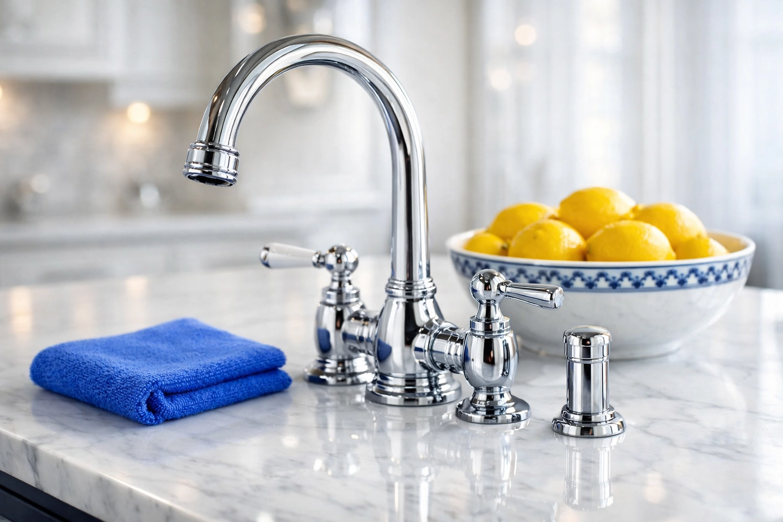 Professional deep cleaning Marlborough services sanitizing a polished kitchen faucet and marble counter.