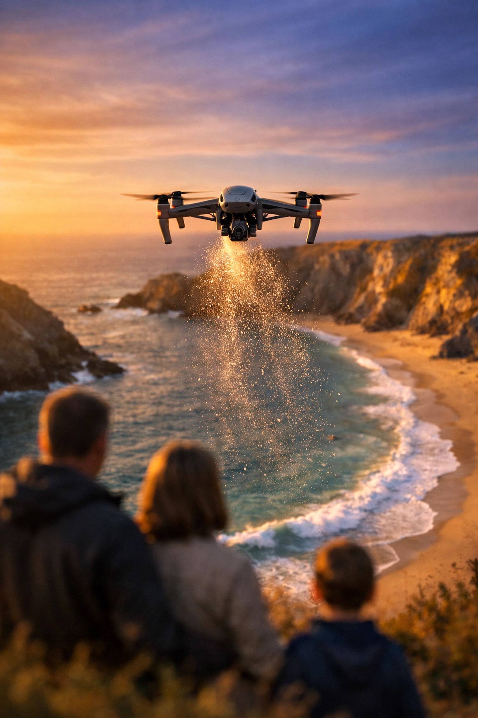 Drone scattering ashes over the sea at Lusty Glaze Cove in Cornwall during a sunset memorial ceremony.