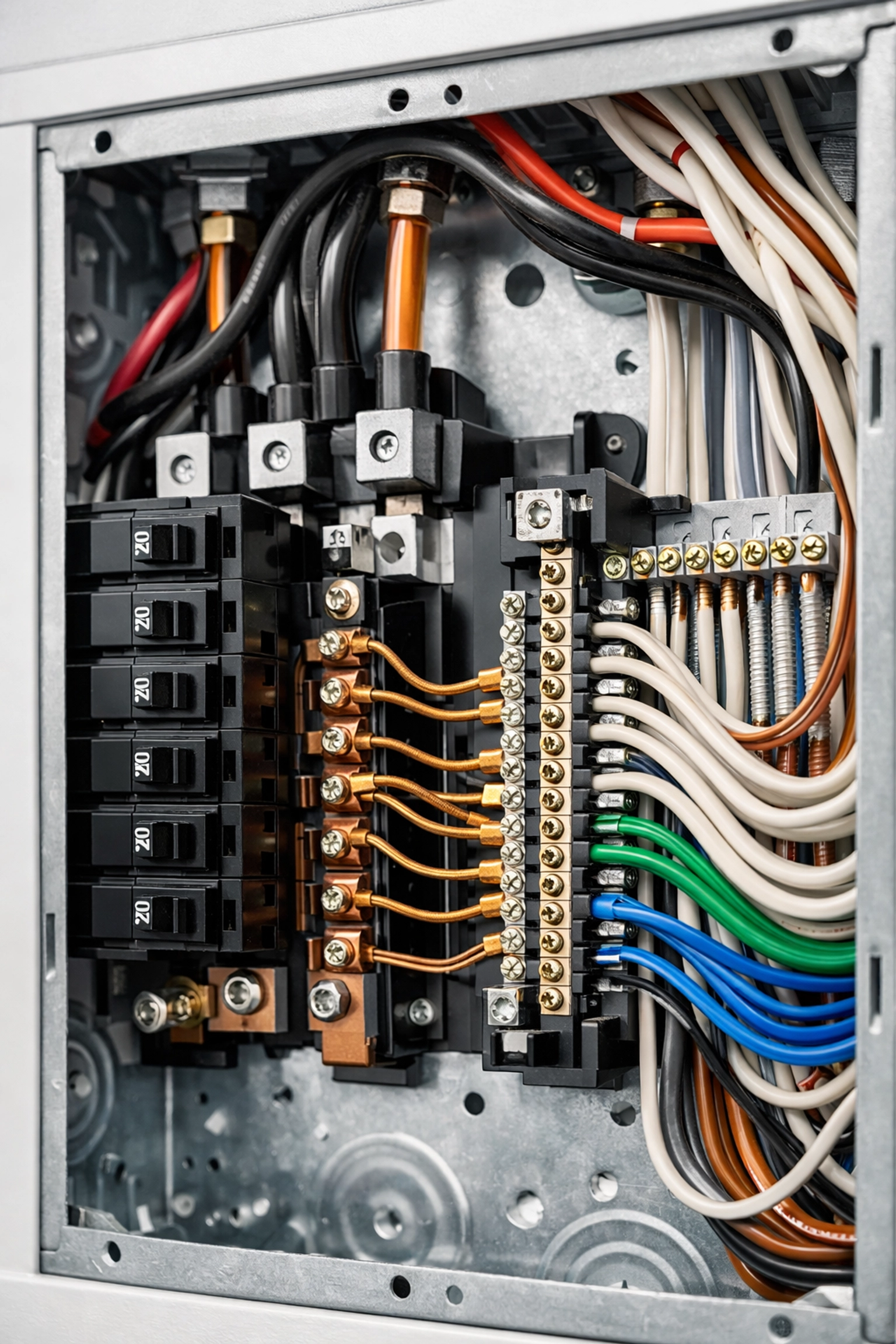 Detailed view of a modern home electrical panel wires, professionally maintained by Maine electricians.