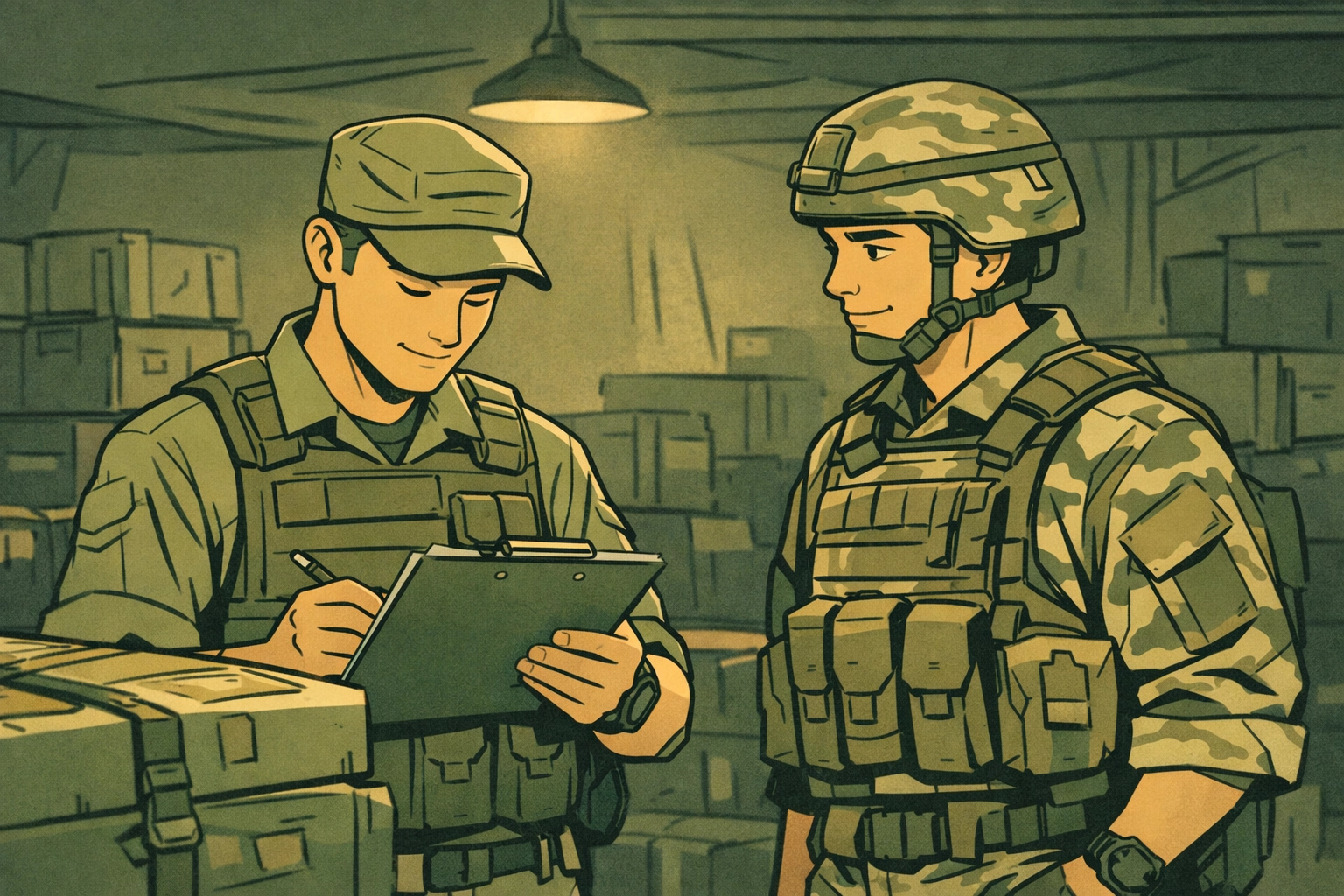 Two male soldiers connecting in military supply warehouse during deployment