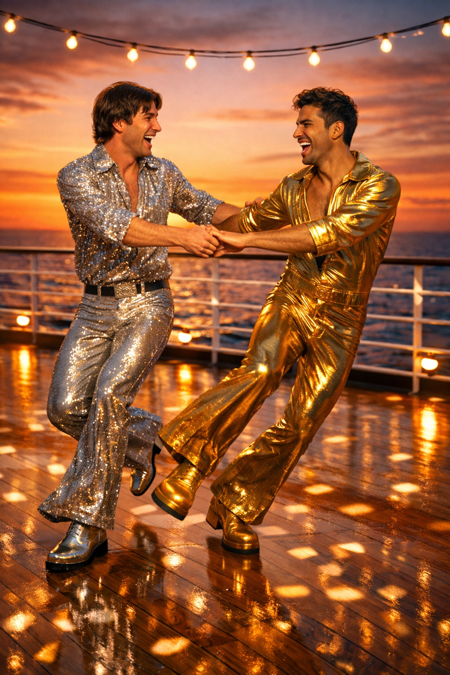Gay couple in sequined disco outfits dancing together on cruise deck at sunset