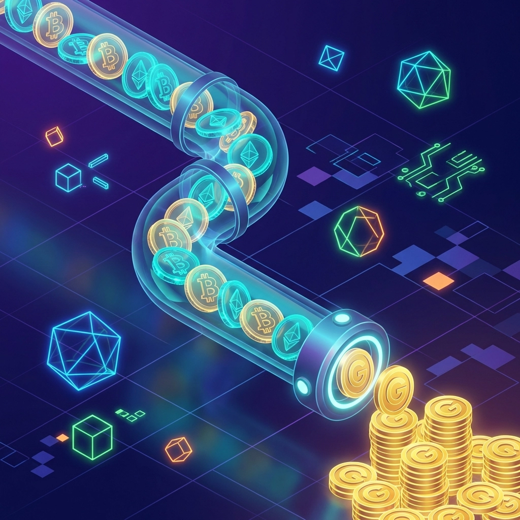 Glowing cryptocurrency tokens flowing into gold coins illustrate the power of crypto receivables and Larecoin fee savings.