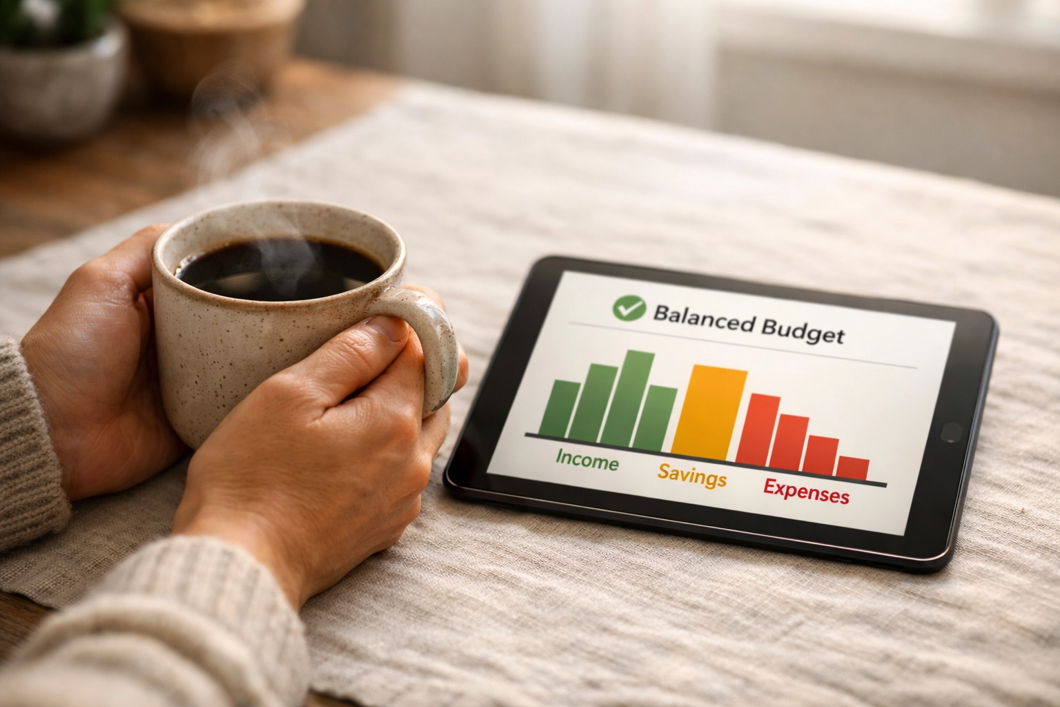 Person reviewing a budget on a tablet to manage a no credit check loan Canada.