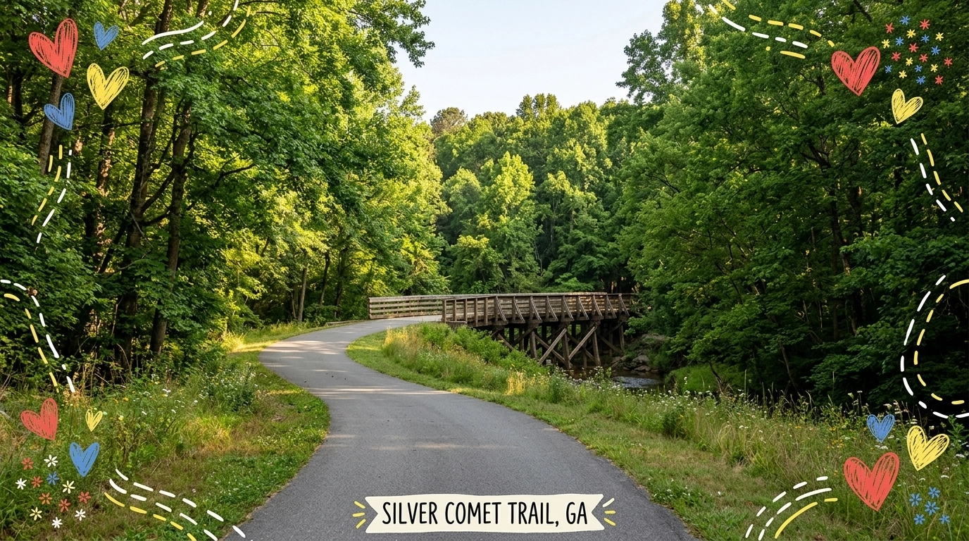 The paved Silver Comet Trail surrounded by lush greenery and playful hand-drawn doodles