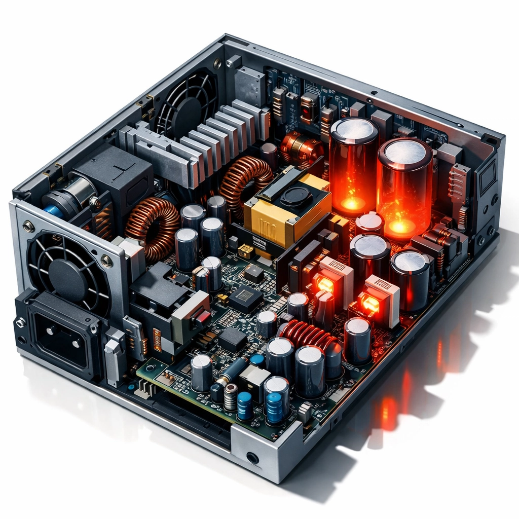 Overheating server power supply components damaged by dirty power and voltage fluctuations