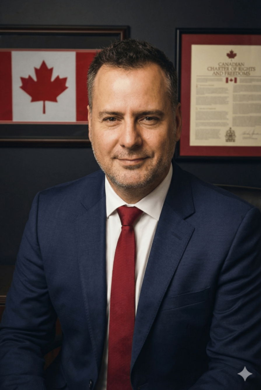 Professionally Dressed Man with Canadian Flag and Charter