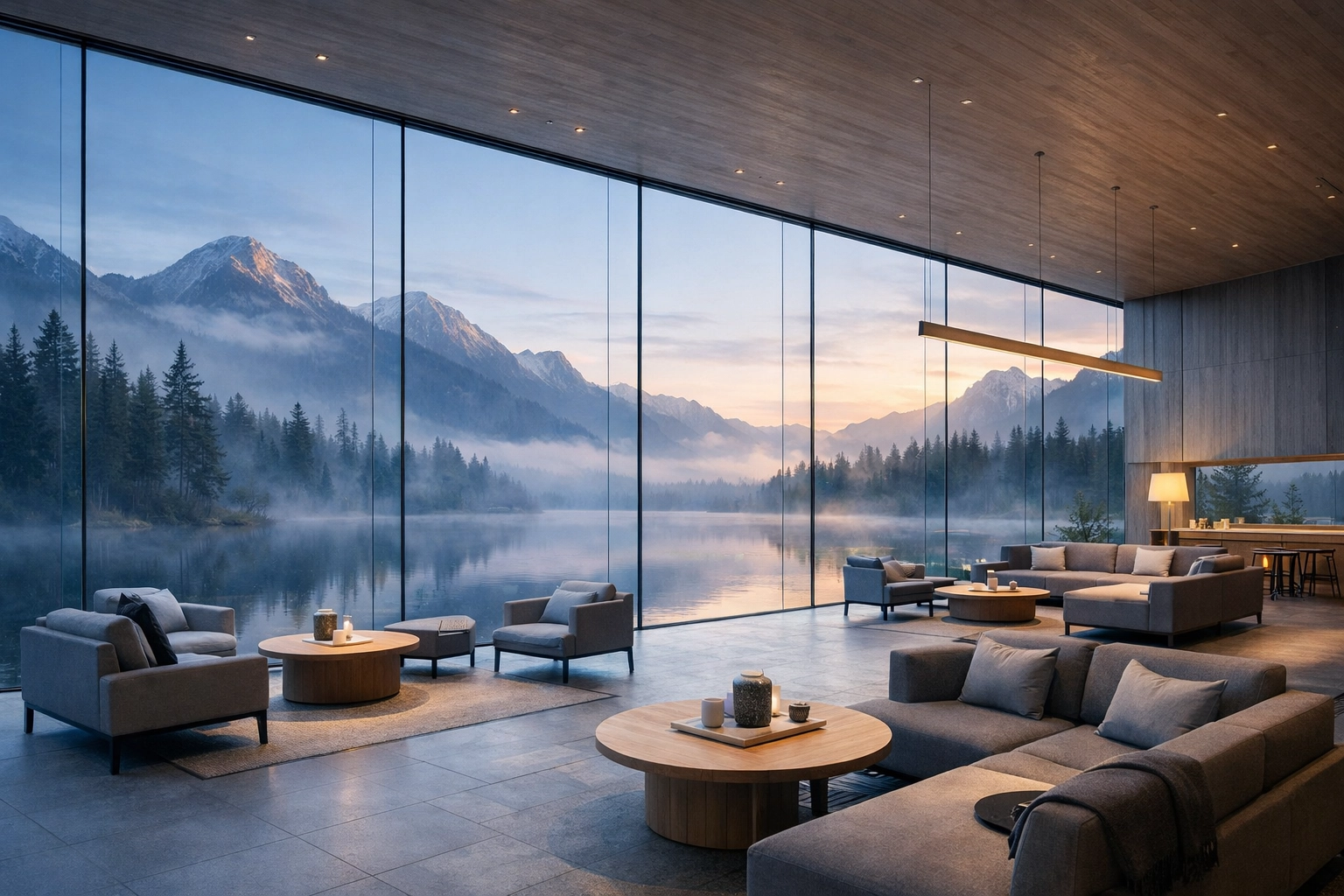 A modern hotel interior overlooking mountains, representing the future of hospitality success.