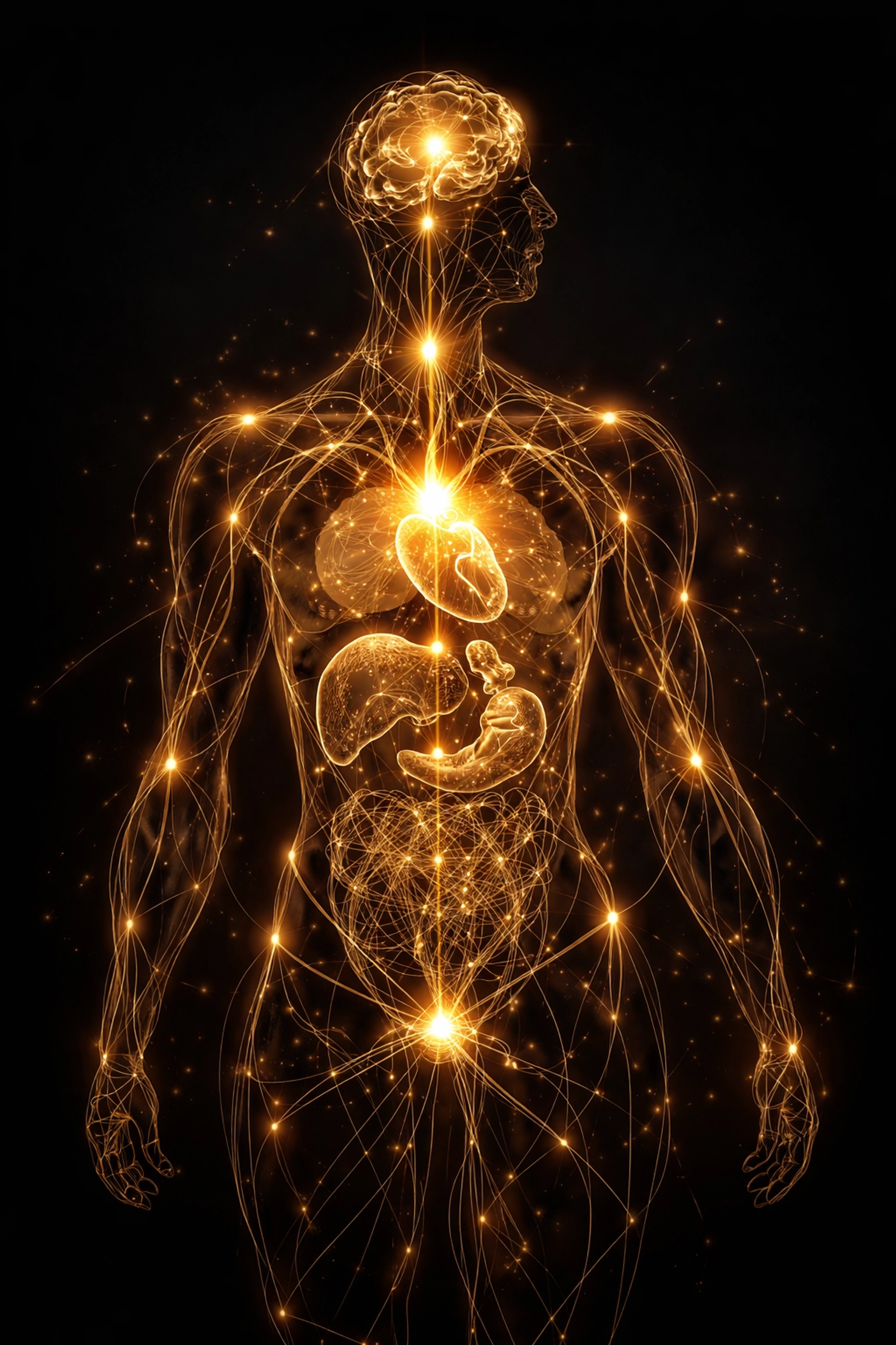 Abstract silhouette of human body glowing with golden threads, symbolizing interconnected systems in men's health and libido