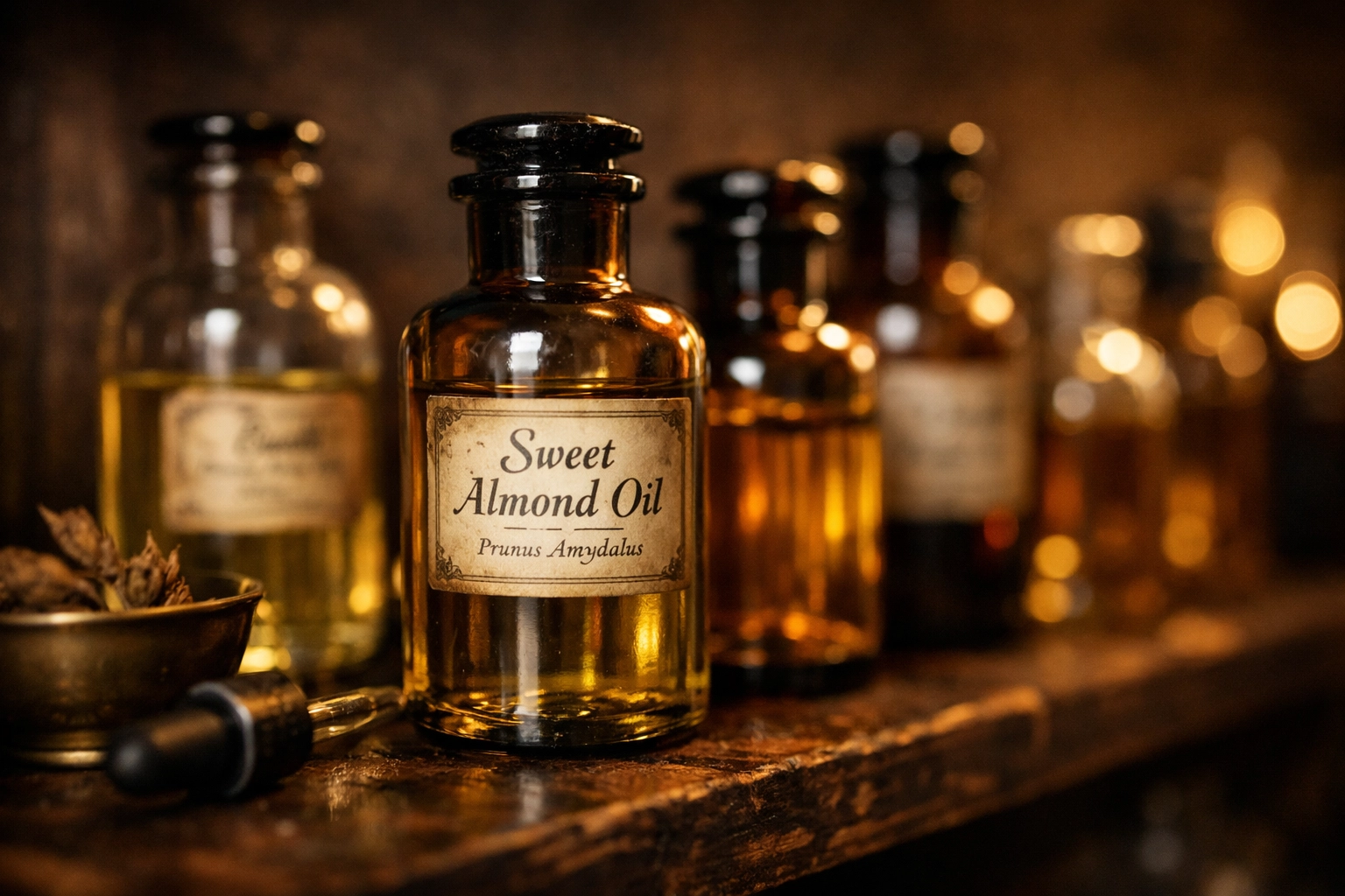 Amber apothecary bottles of premium beard oil blends on a rustic wooden shelf for beard health.