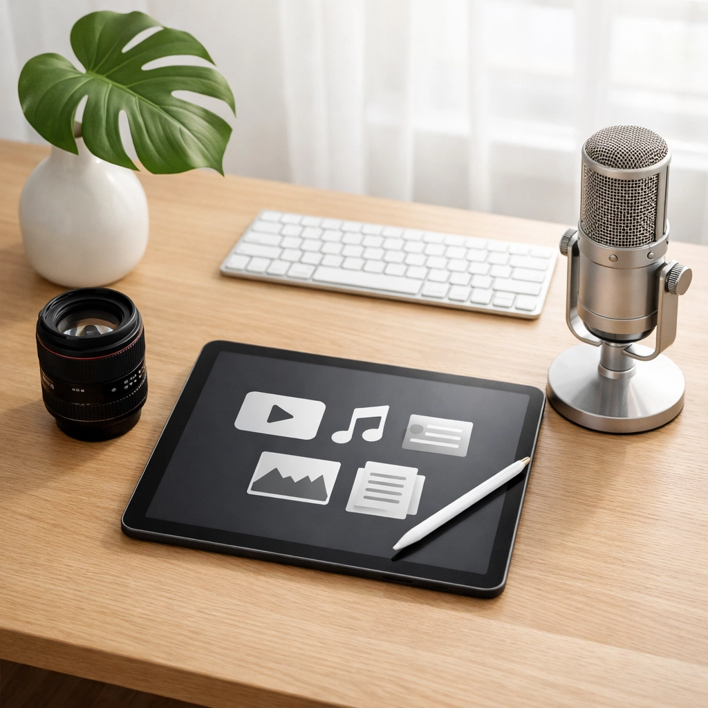 Creative workspace with a tablet and microphone representing multi-channel digital marketing content creation.