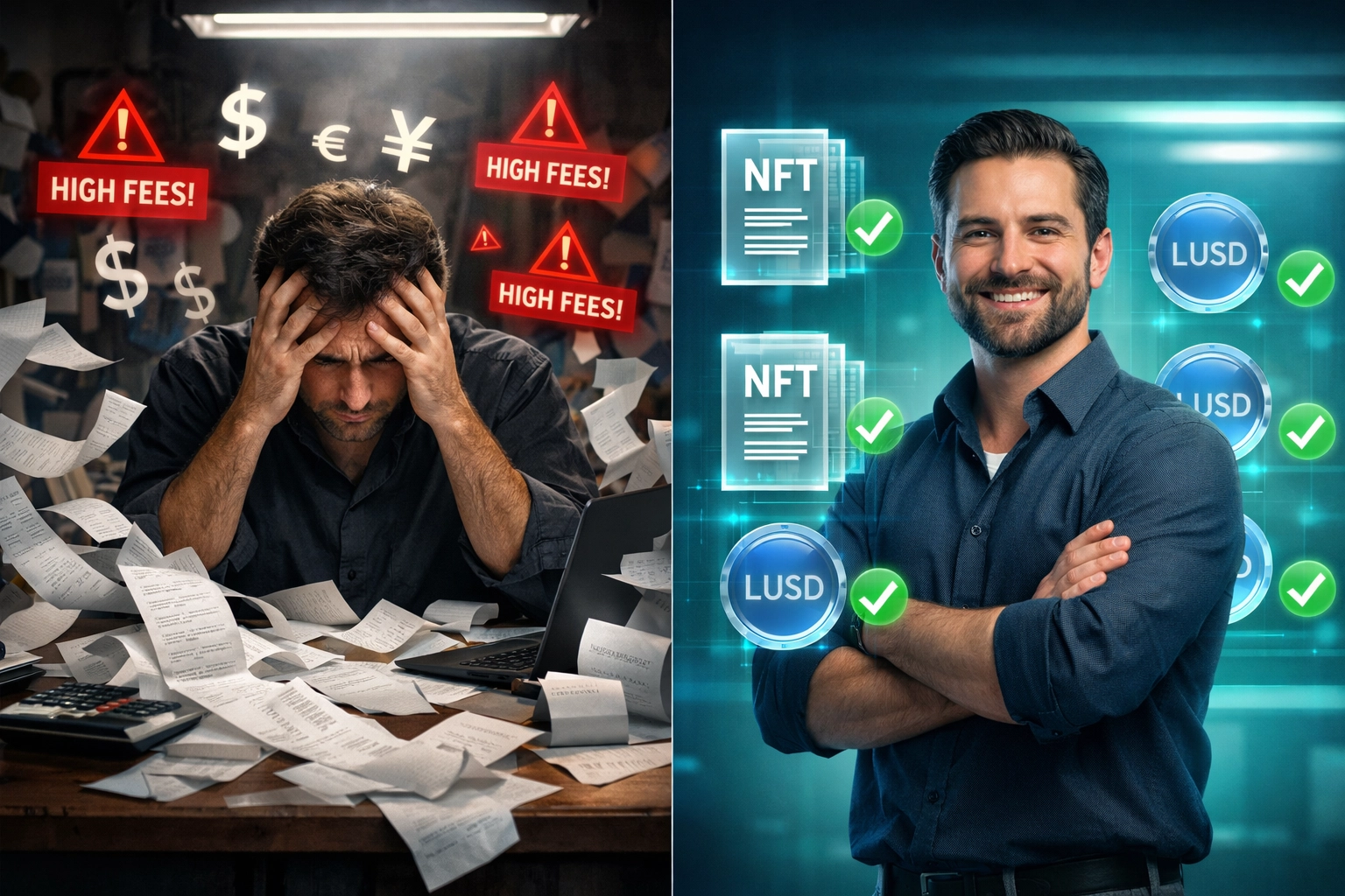 Merchant comparing traditional crypto fees vs. Larecoin's zero-fee payment system