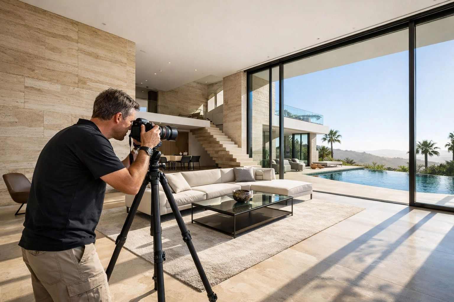 Professional photographer using high-end gear in a luxury interior for a Proshoot.io assignment.