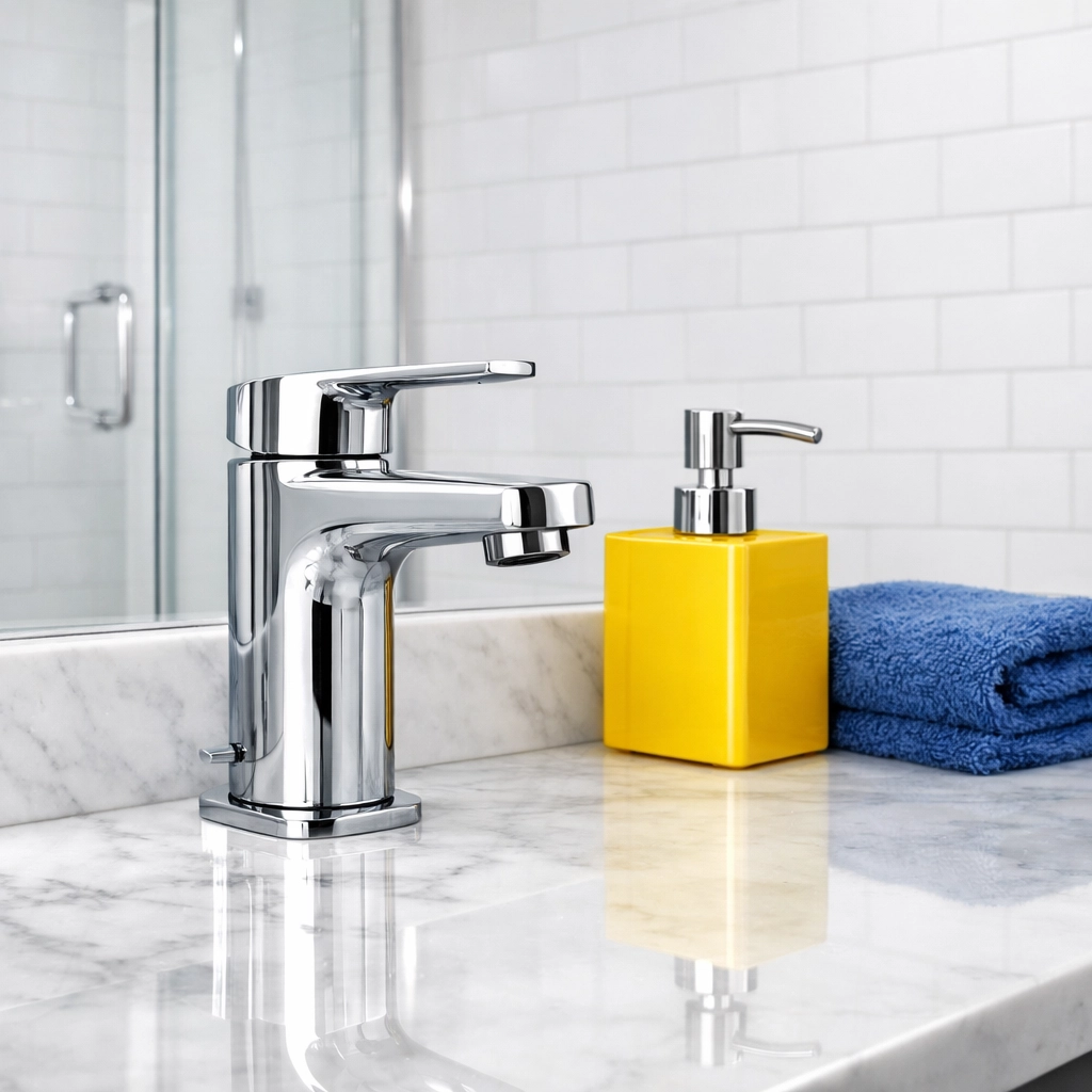 Clean luxury bathroom vanity and grout after expert apartment turnover cleaning in Boston.