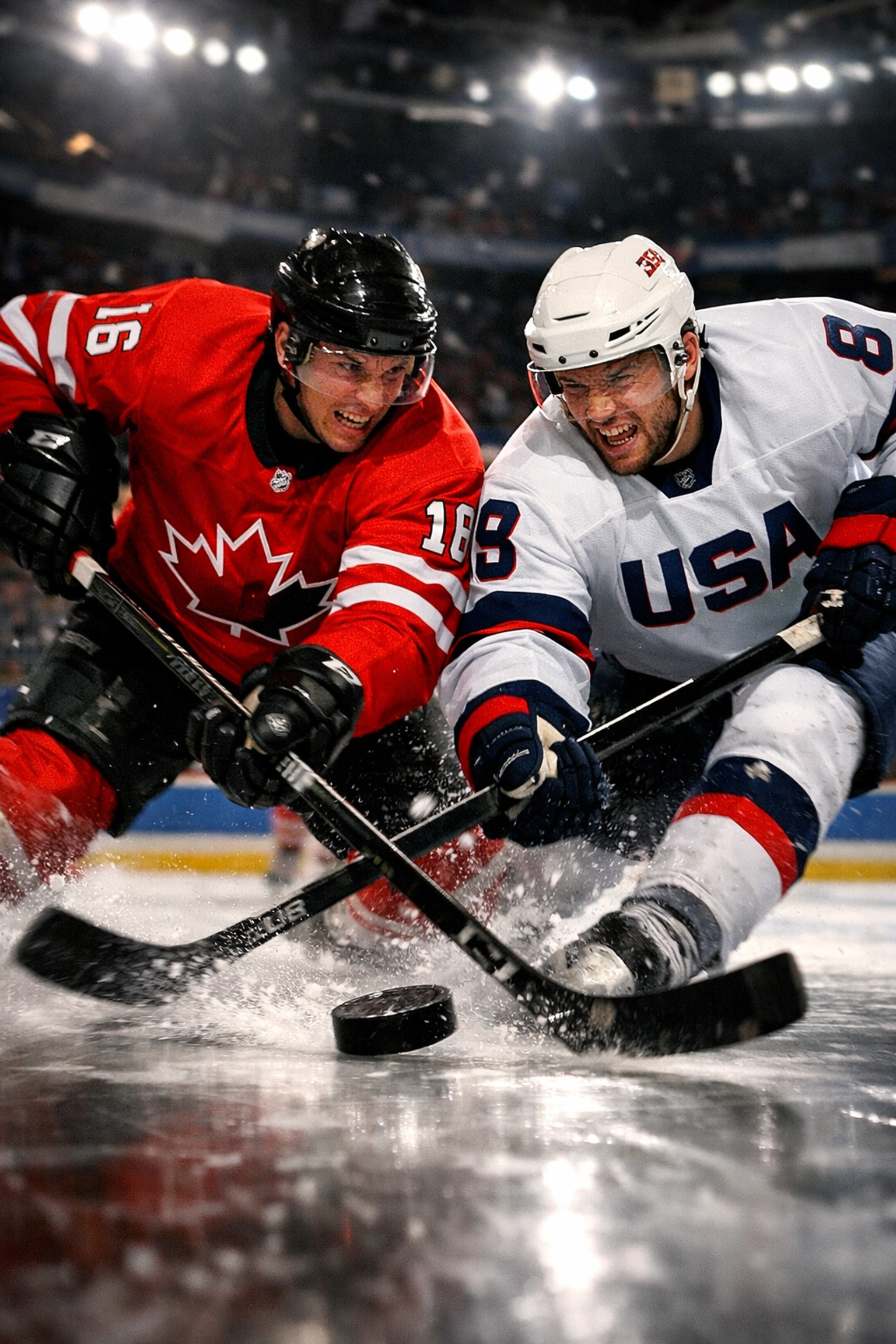 Team Canada and Team USA players battle for the puck during Olympic hockey gold medal overtime game
