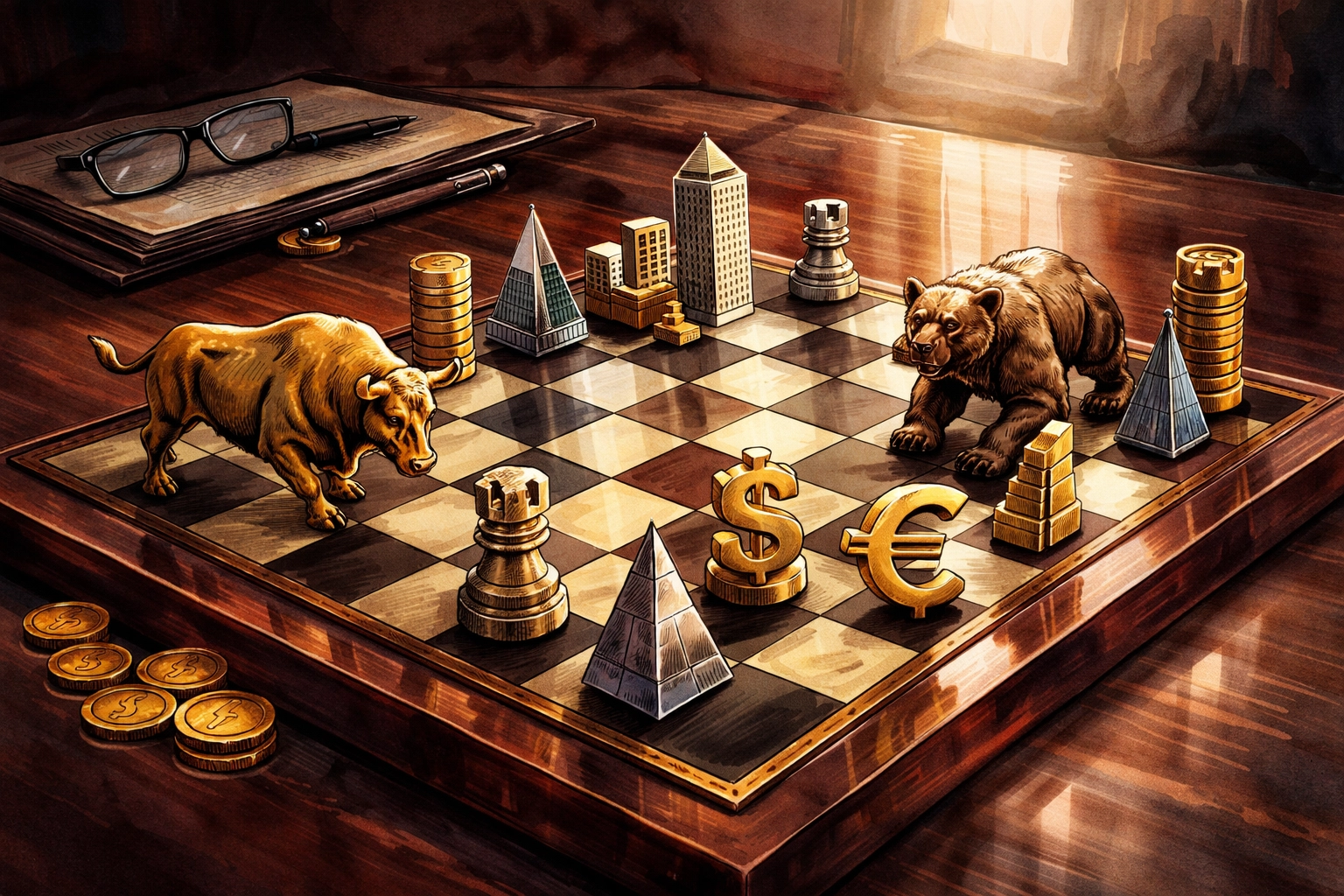 Chess board with financial symbols illustrating strategic asset management and hedge fund decision making.