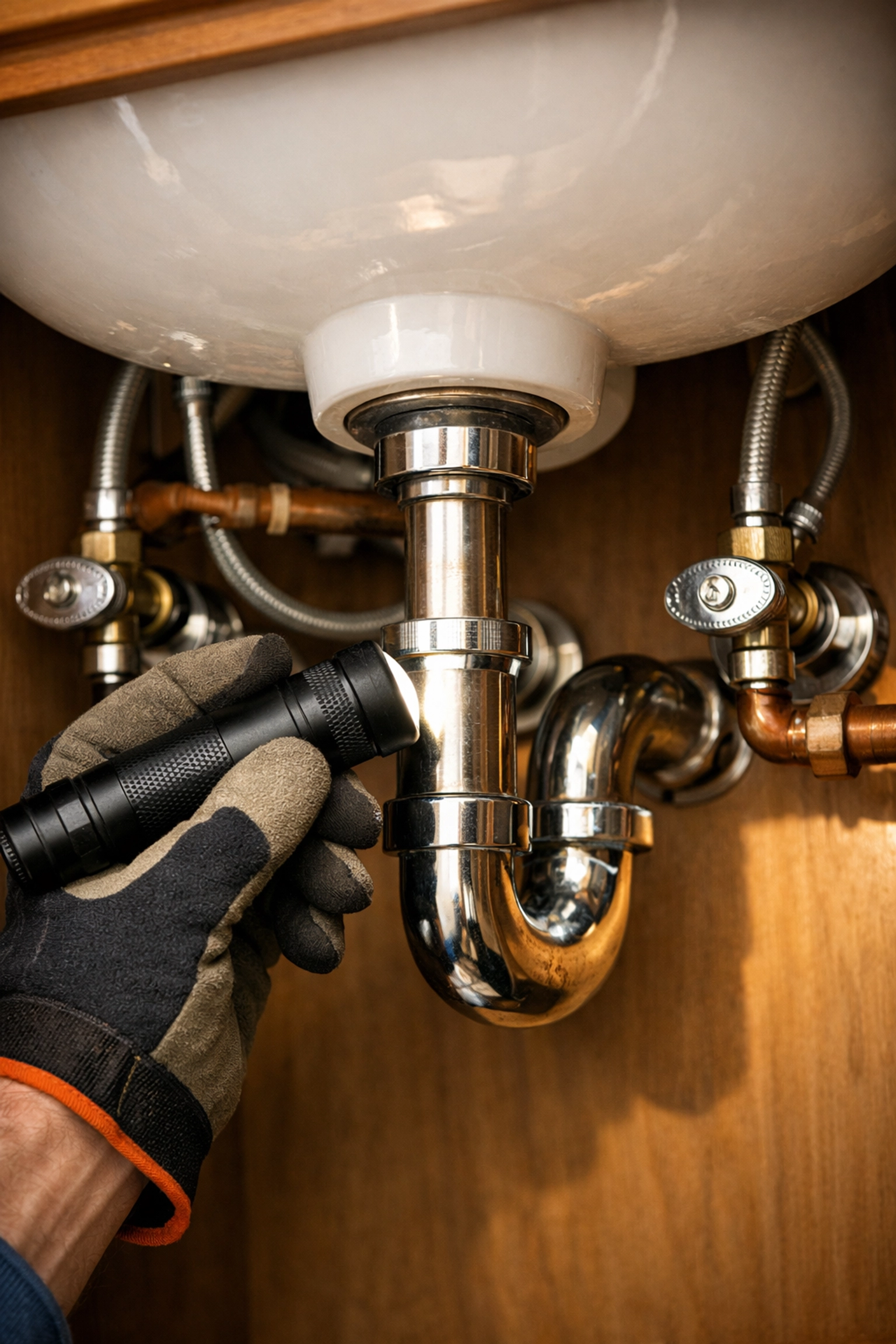 Professional home inspector checking plumbing for leaks under bathroom sink