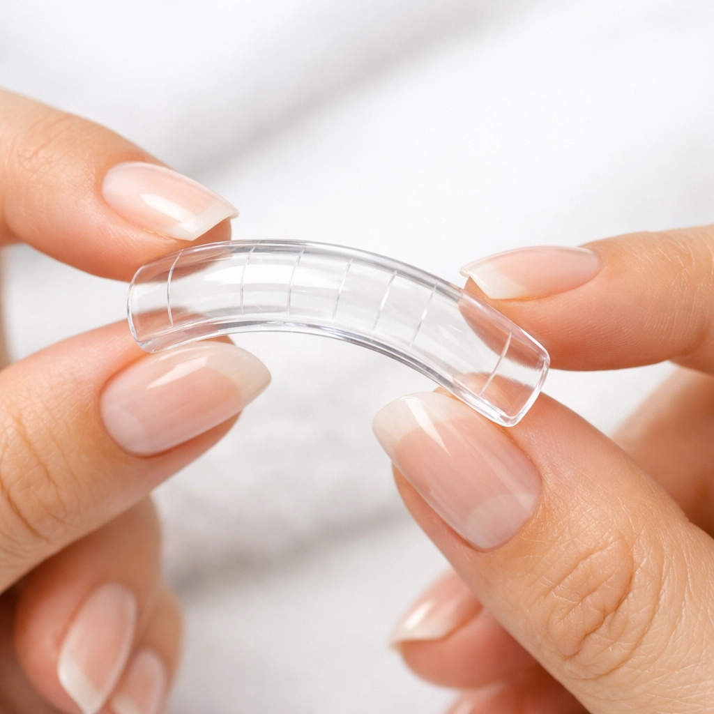 Clear dual form mold for precise nail extensions held by professional nail technician