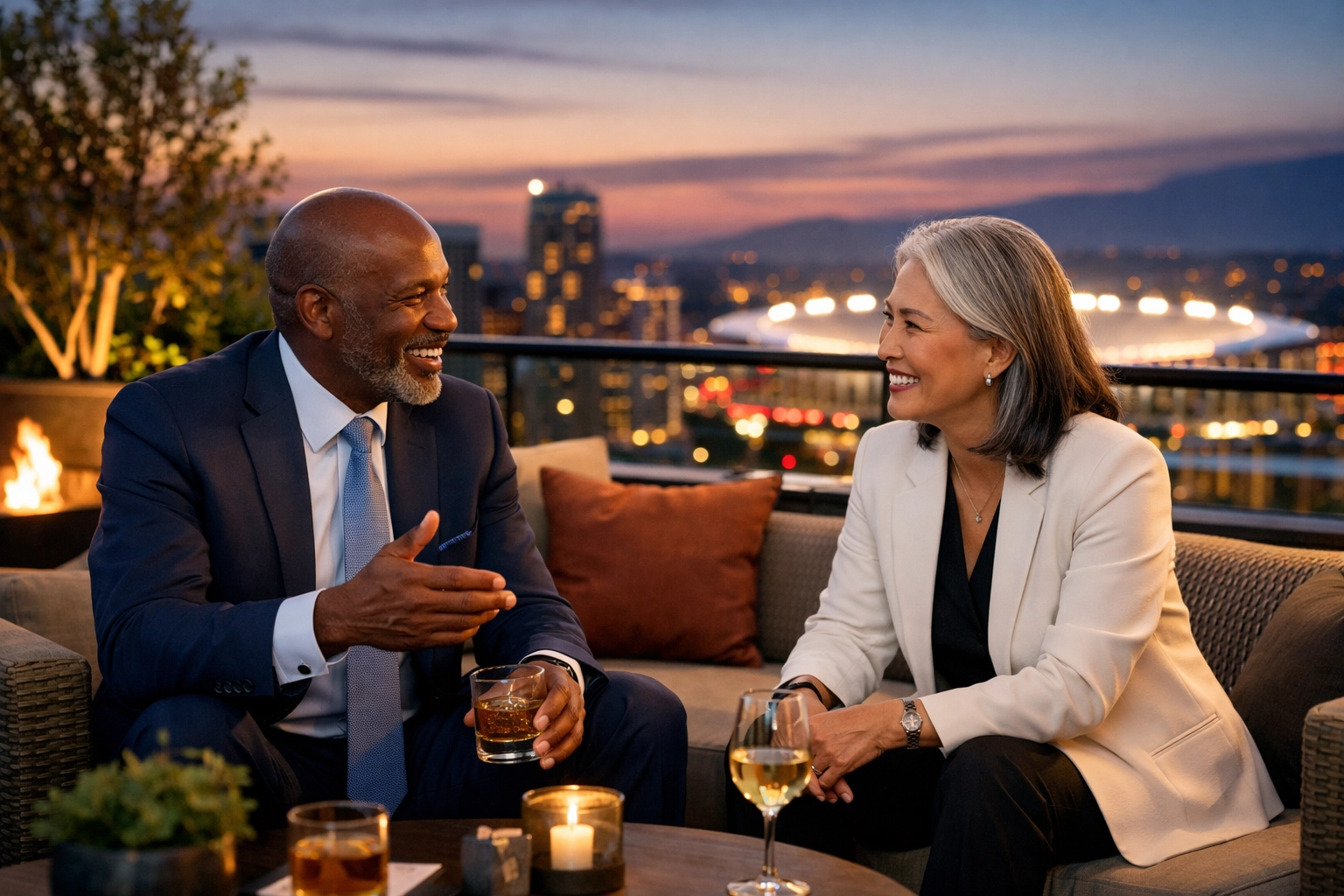 C-suite executives engaged in business networking at a high-end rooftop lounge during a VIP event.