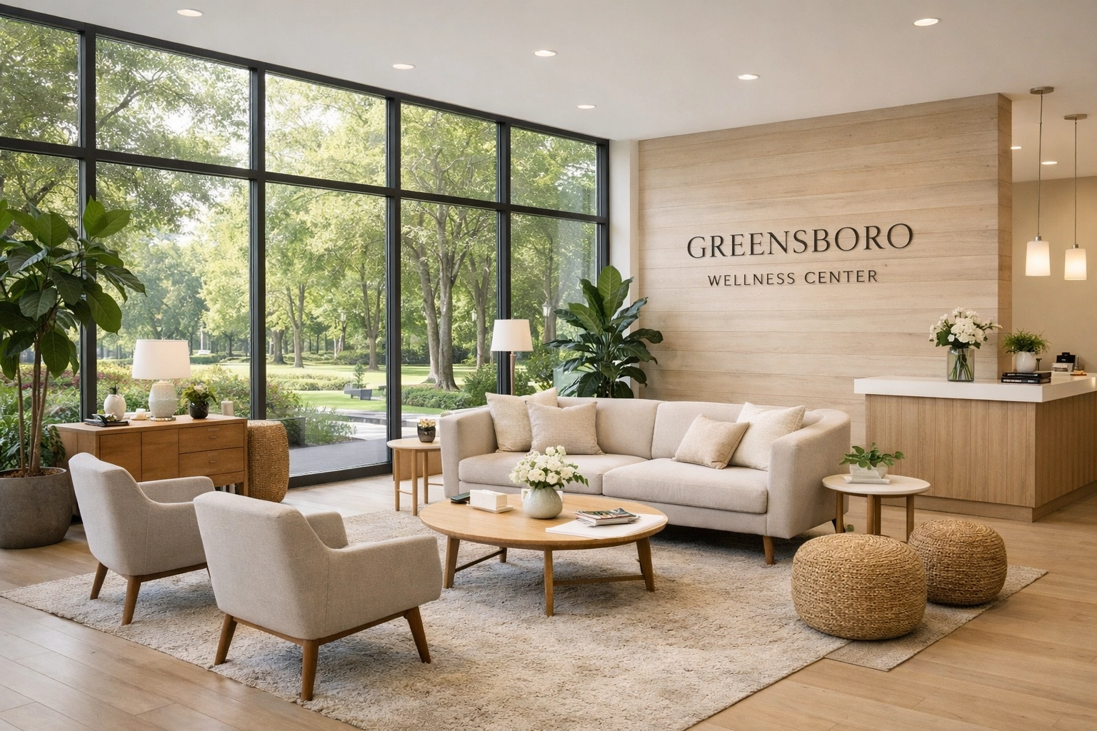 A modern, high-end wellness center lobby in Greensboro highlighting quality healthcare and lifestyle value.
