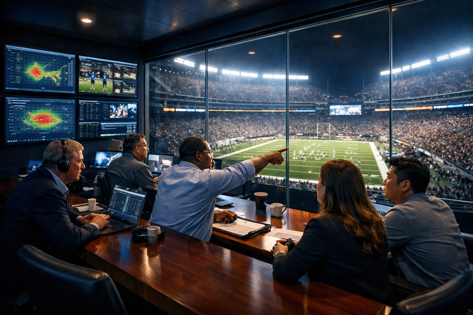 Dakdan Worldwide team in a stadium broadcast suite managing strategic sports media and talent acquisition analytics.