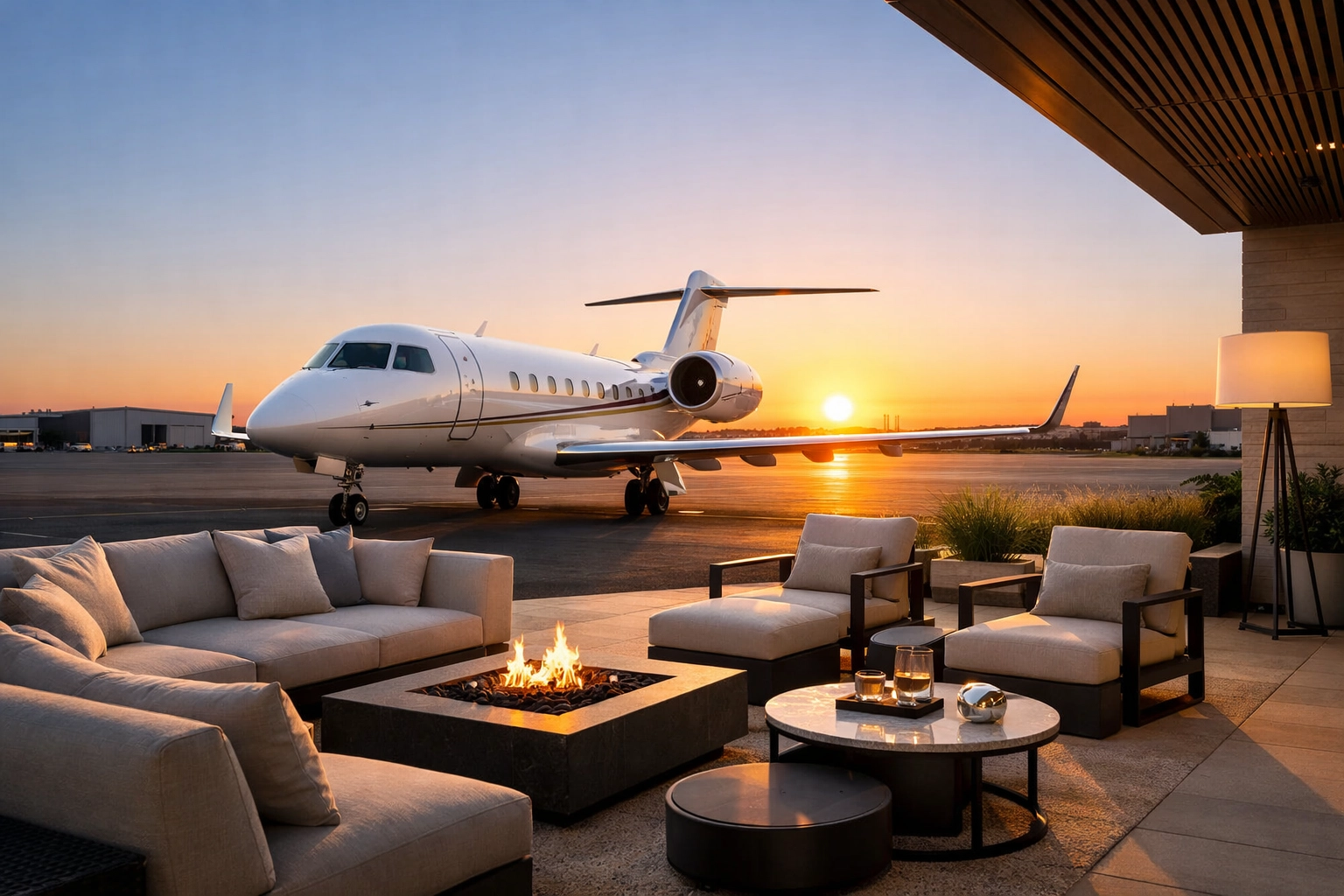 Private business jet at a terminal for proactive Super Bowl corporate travel planning.