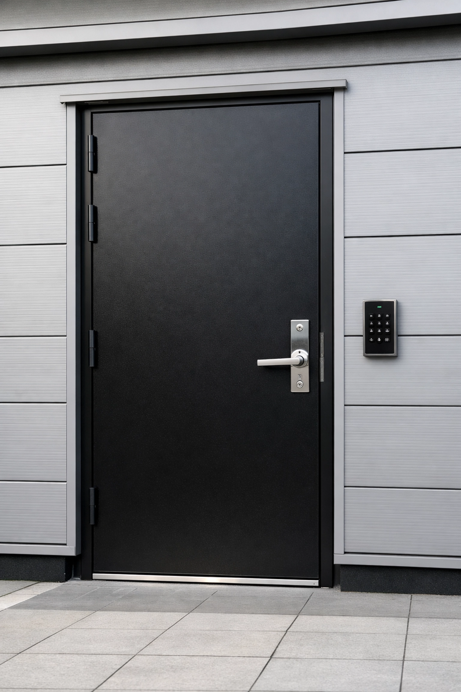 Robust steel security door and digital access control keypad installed at a Gloucestershire commercial unit.