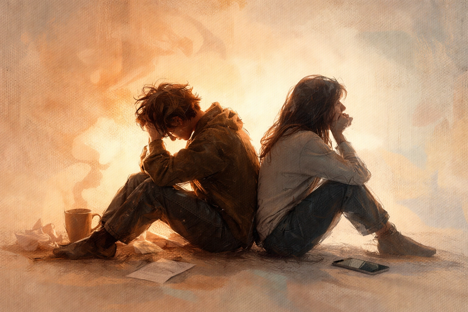 Two people sitting back-to-back in exhaustion, visually comparing burnout and boredom fatigue.