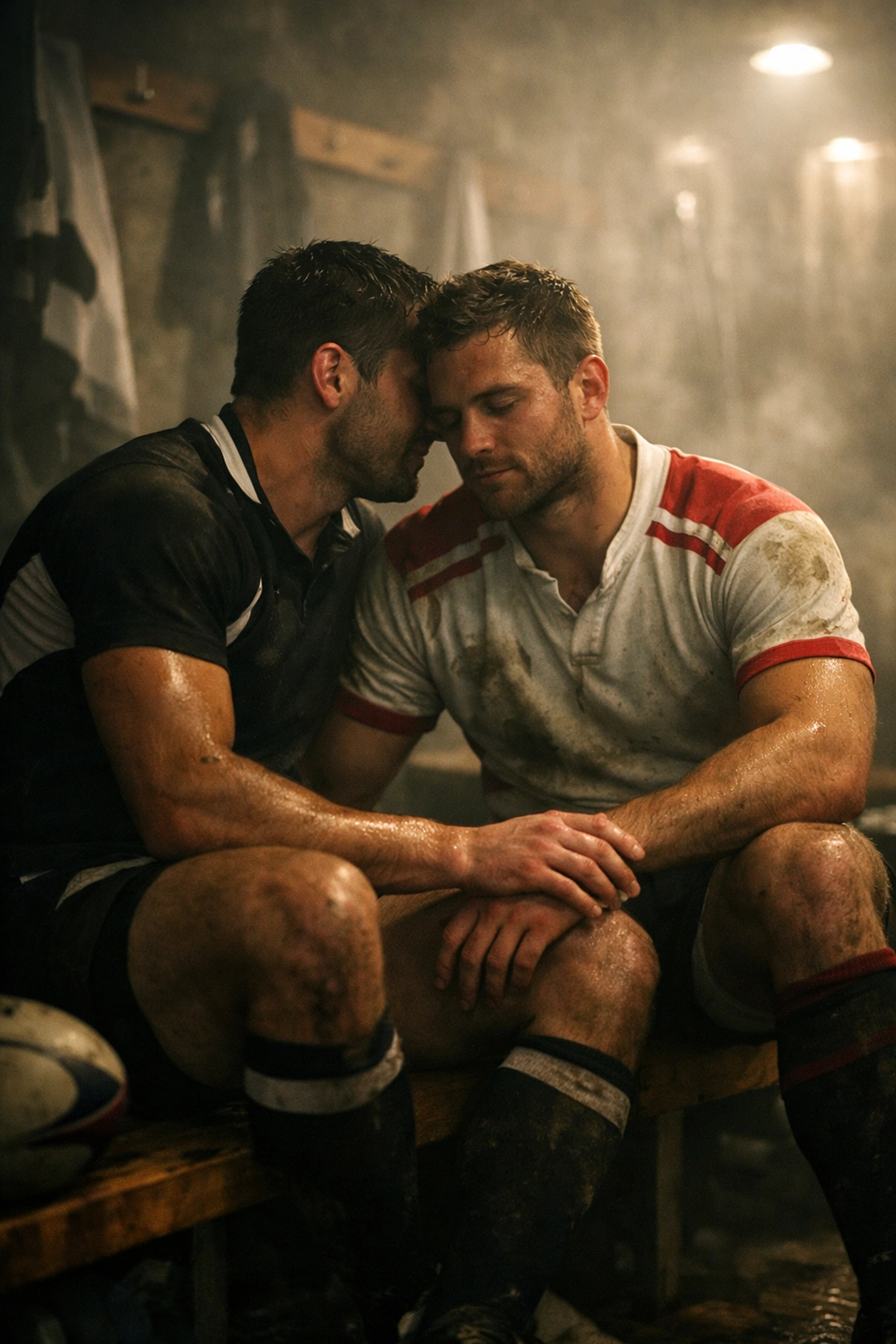 Male athletes sharing an intimate whisper in a locker room, showcasing the emotional connection in gay romance novels.