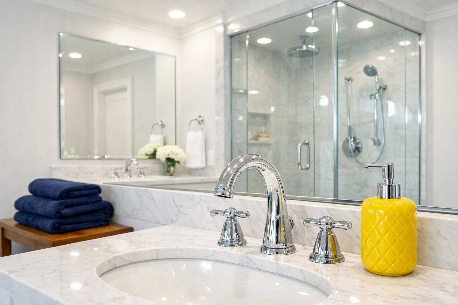 Sparkling luxury bathroom in Worcester with streak-free glass and polished chrome surfaces.