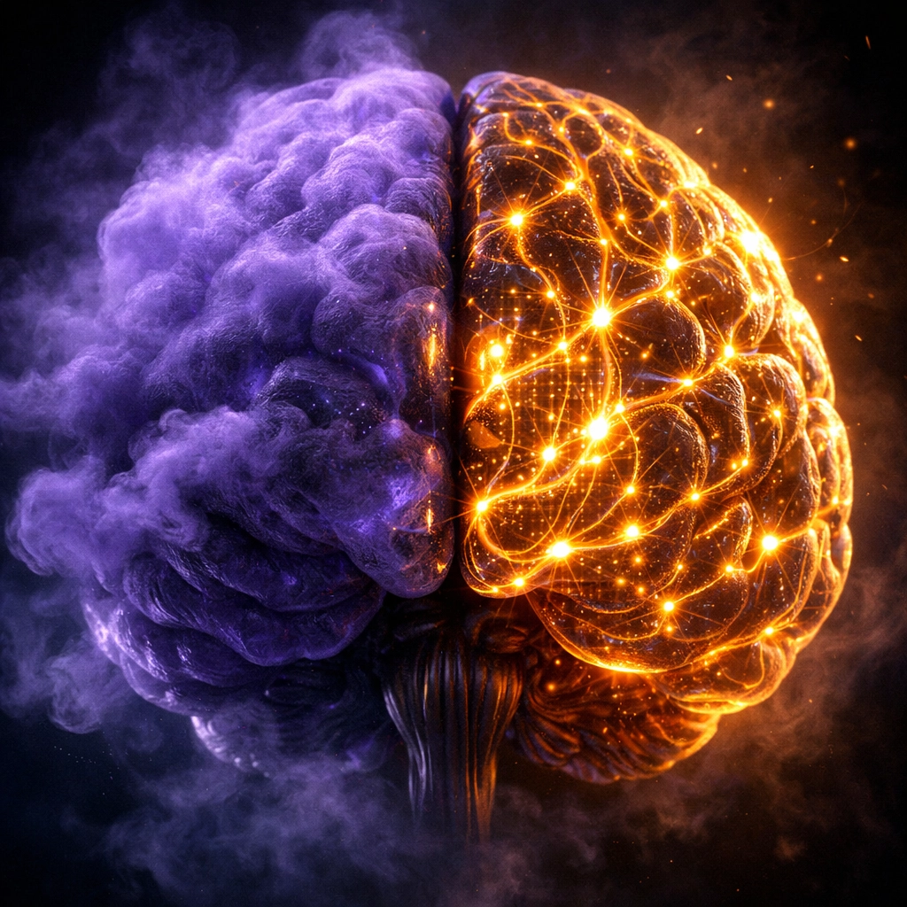 Illustration of a human brain transitioning from purple brain fog to clear glowing neural pathways.